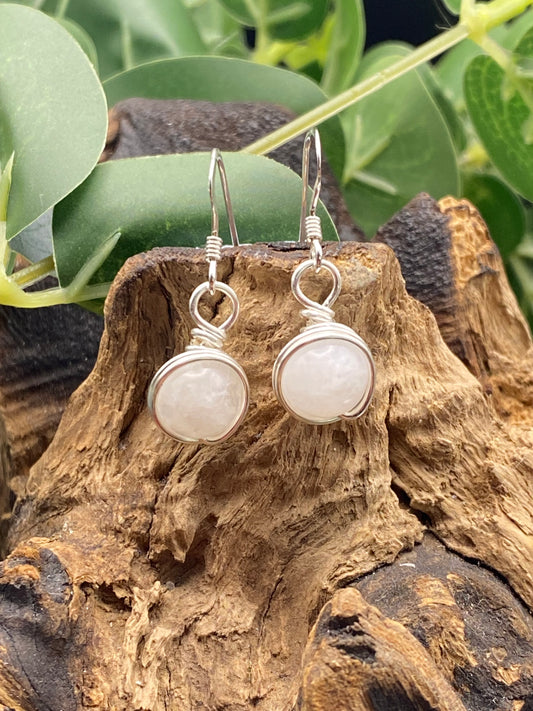 Delicate Moonstone Gemstone and Silver Wrapped Earrings, Crystal Earrings, Unique Handcrafted Earrings,