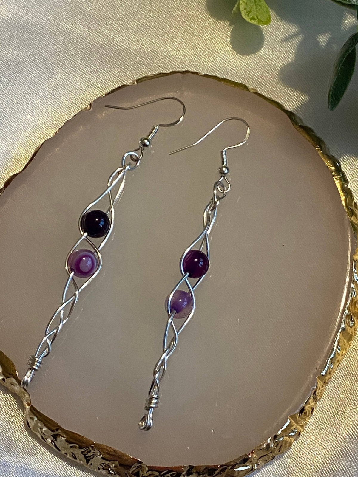 Purple Lace Agate Earrings: Silver Wire Braided Crystal Jewellery