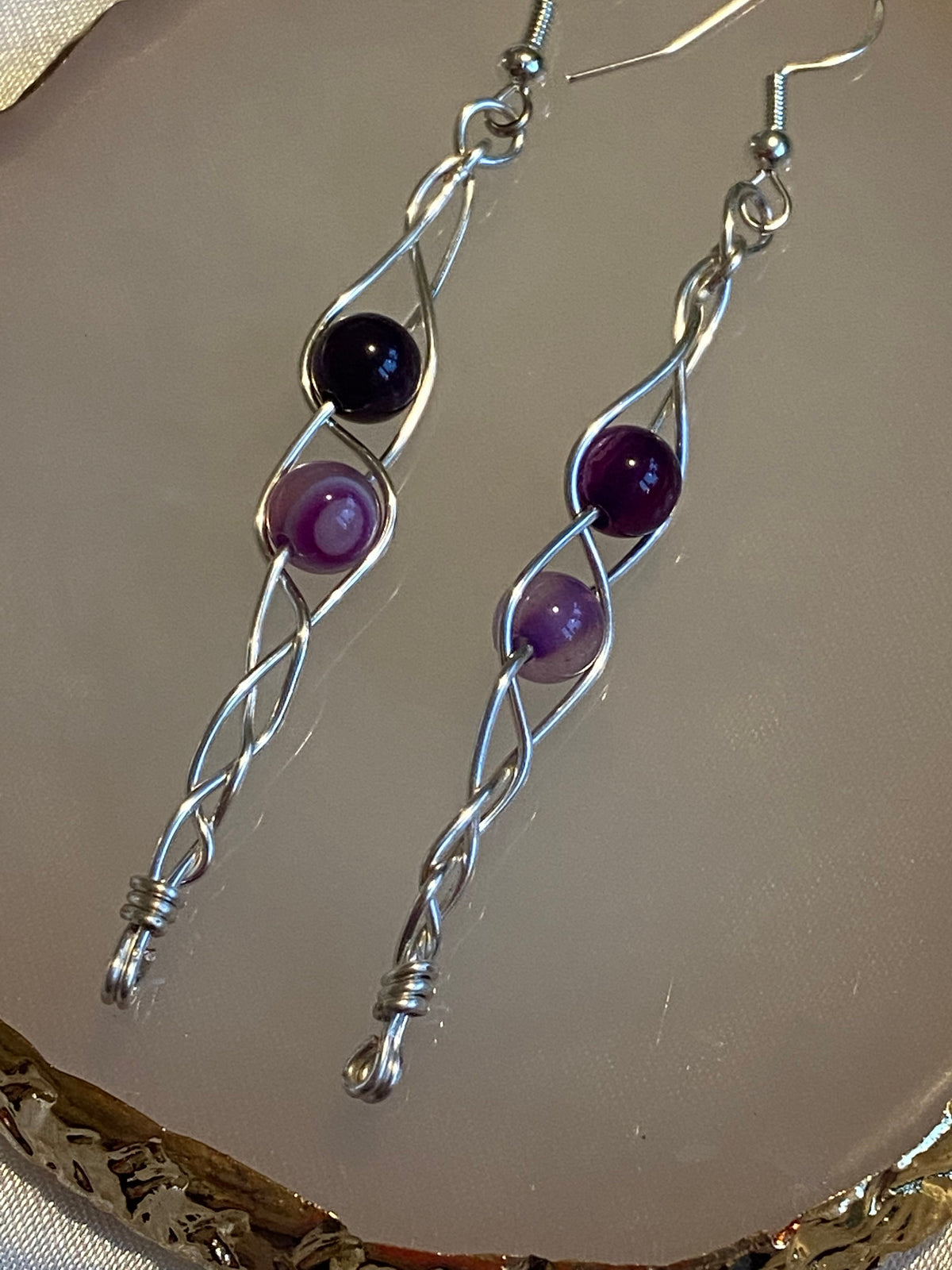 Purple Lace Agate Earrings: Silver Wire Braided Crystal Jewellery