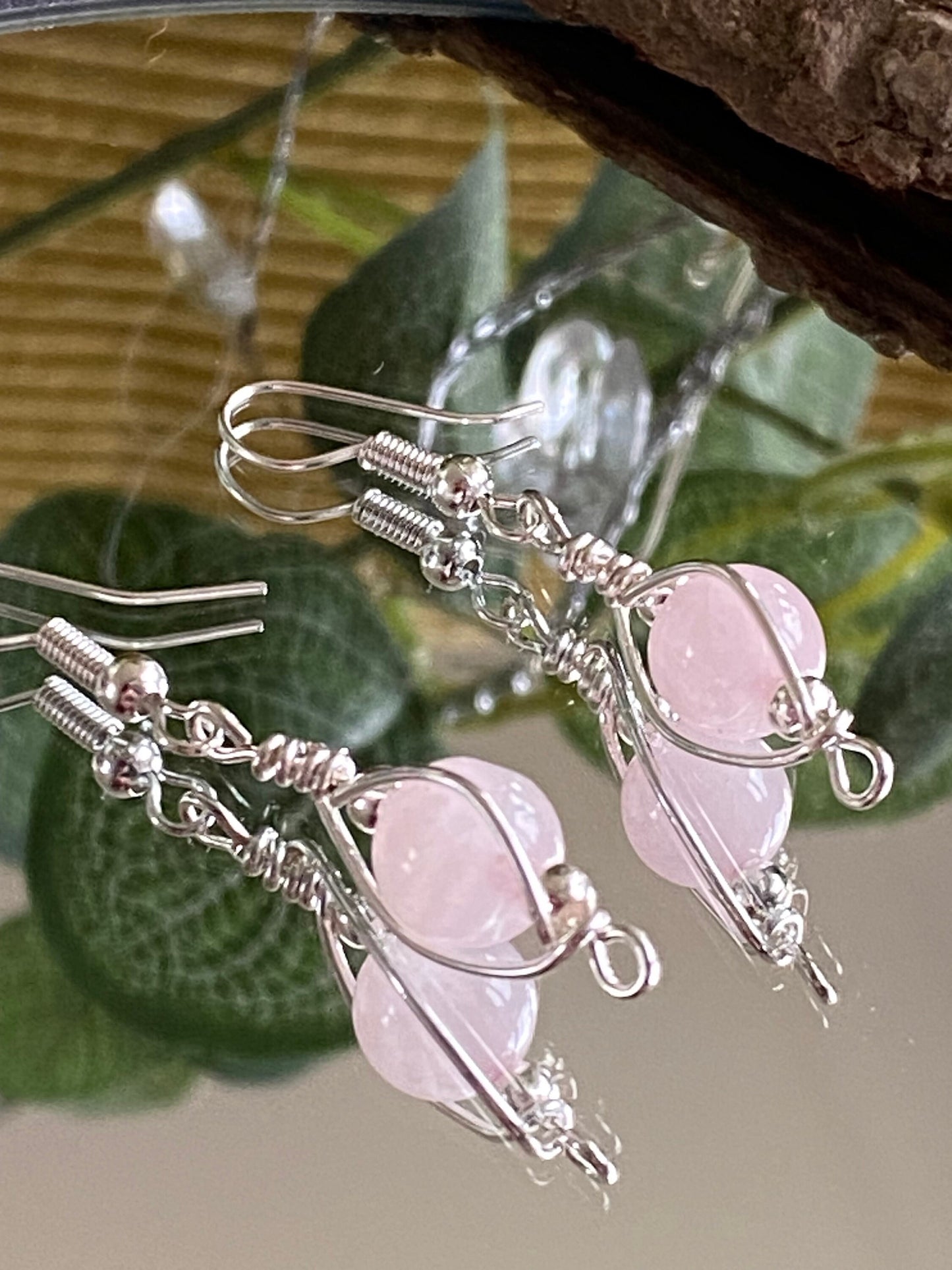 Rose Quartz and Silver Earrings: Wire Wrapped Crystal Jewellery