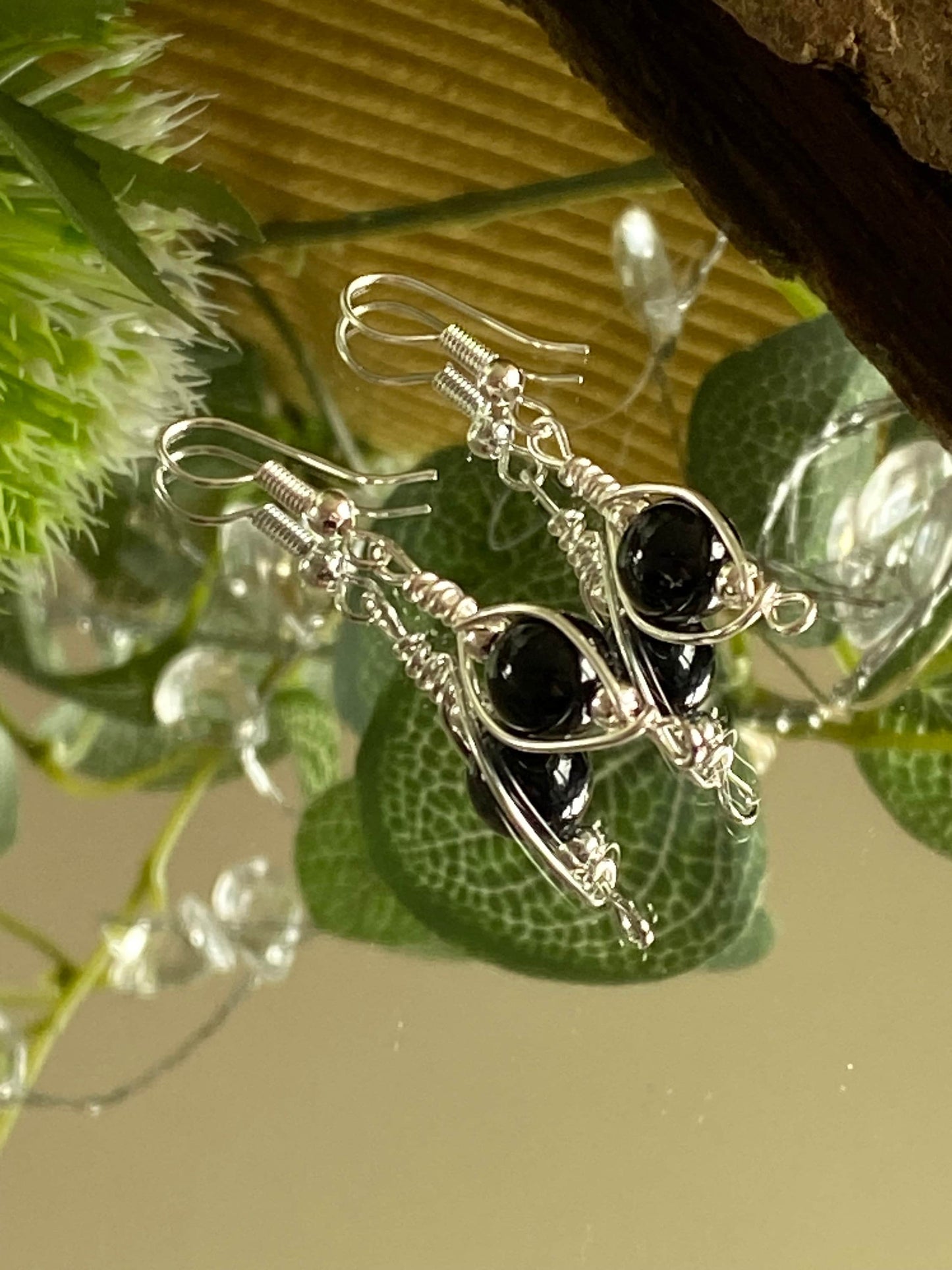 Handmade Onyx and Silver Wrapped Earrings: Crystal Jewellery