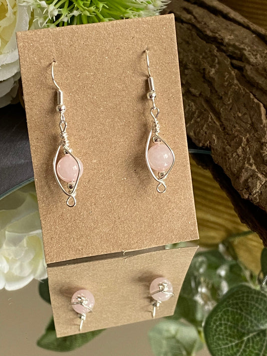 Rose Quartz and Silver Earrings: Wire Wrapped Crystal Jewellery
