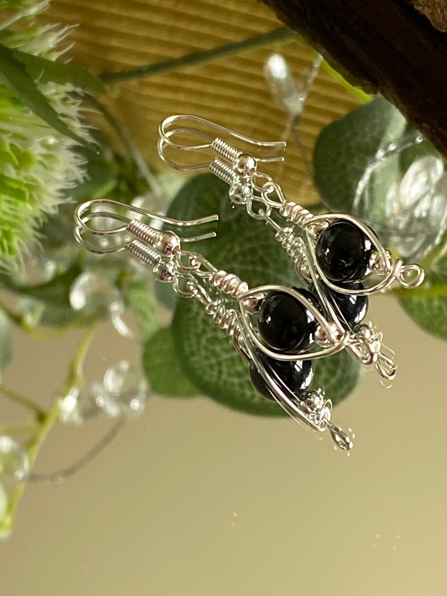Handmade Onyx and Silver Wrapped Earrings: Crystal Jewellery