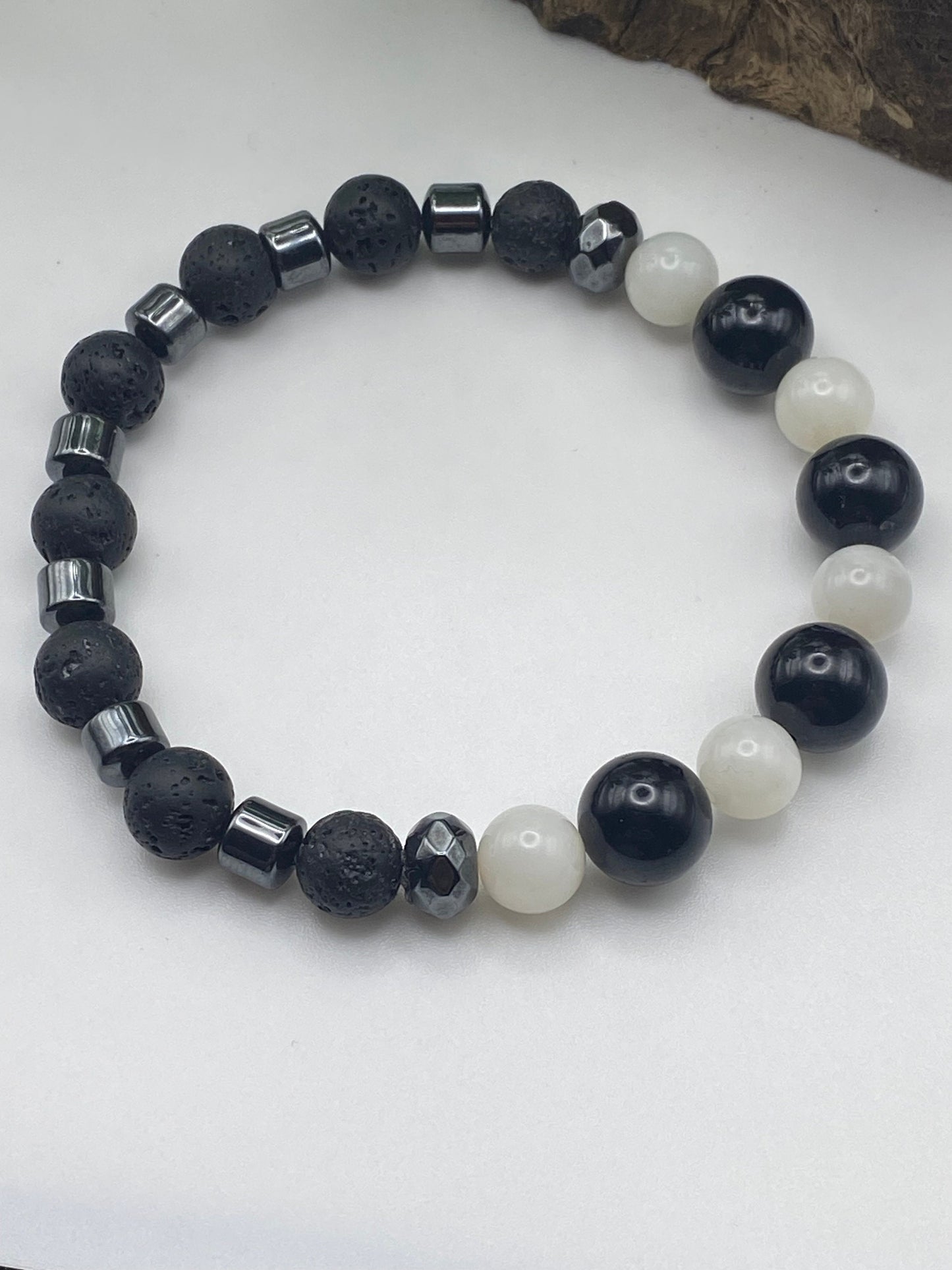 Mens Moonstone and Lava Bead Bracelet: Tourmaline Crystal Jewellery