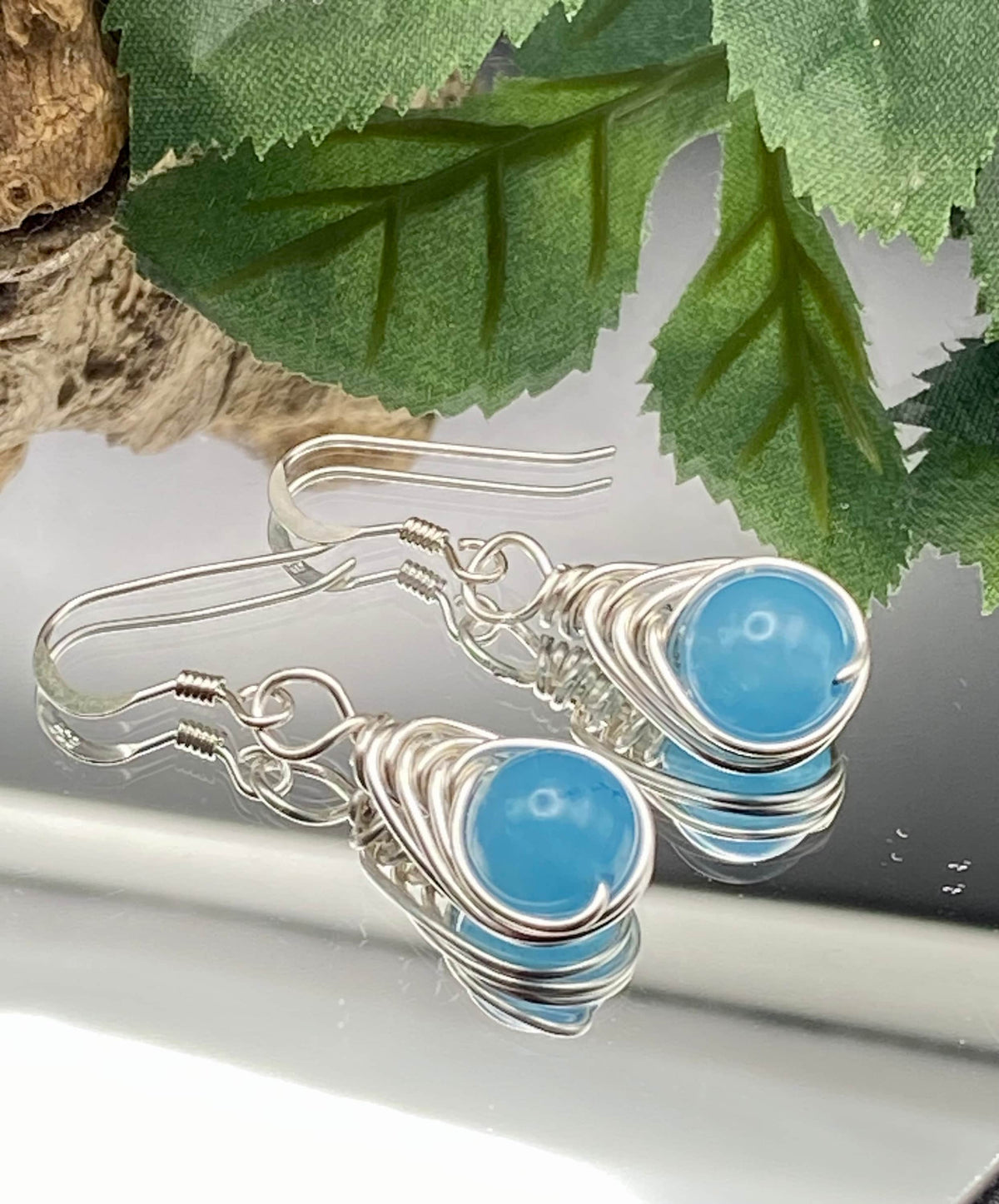 Aquamarine Earrings: Silver Herringbone Wrapped Crystal, March Birthstone Jewellery