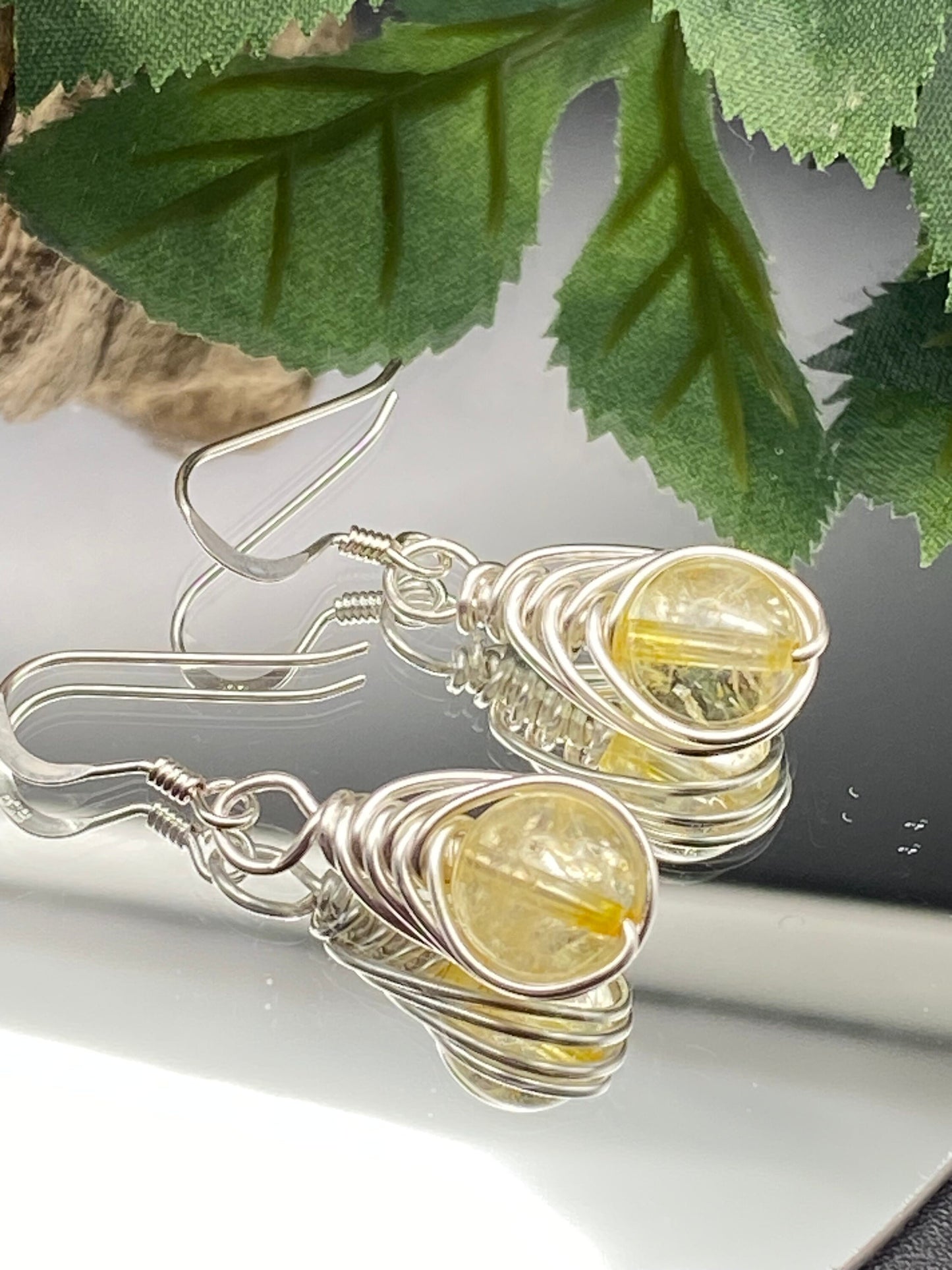 Citrine Earrings: Silver Herringbone Wrapped Crystal, November Birthstone Jewellery