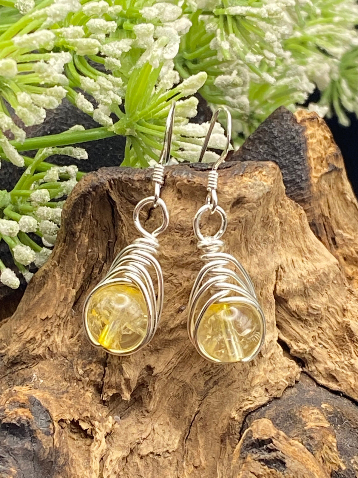 Citrine Earrings: Silver Herringbone Wrapped Crystal, November Birthstone Jewellery
