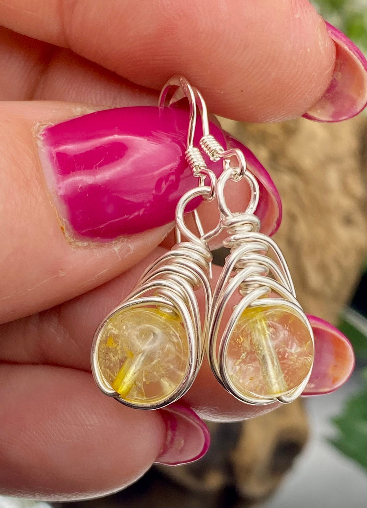 Citrine Earrings: Silver Herringbone Wrapped Crystal, November Birthstone Jewellery
