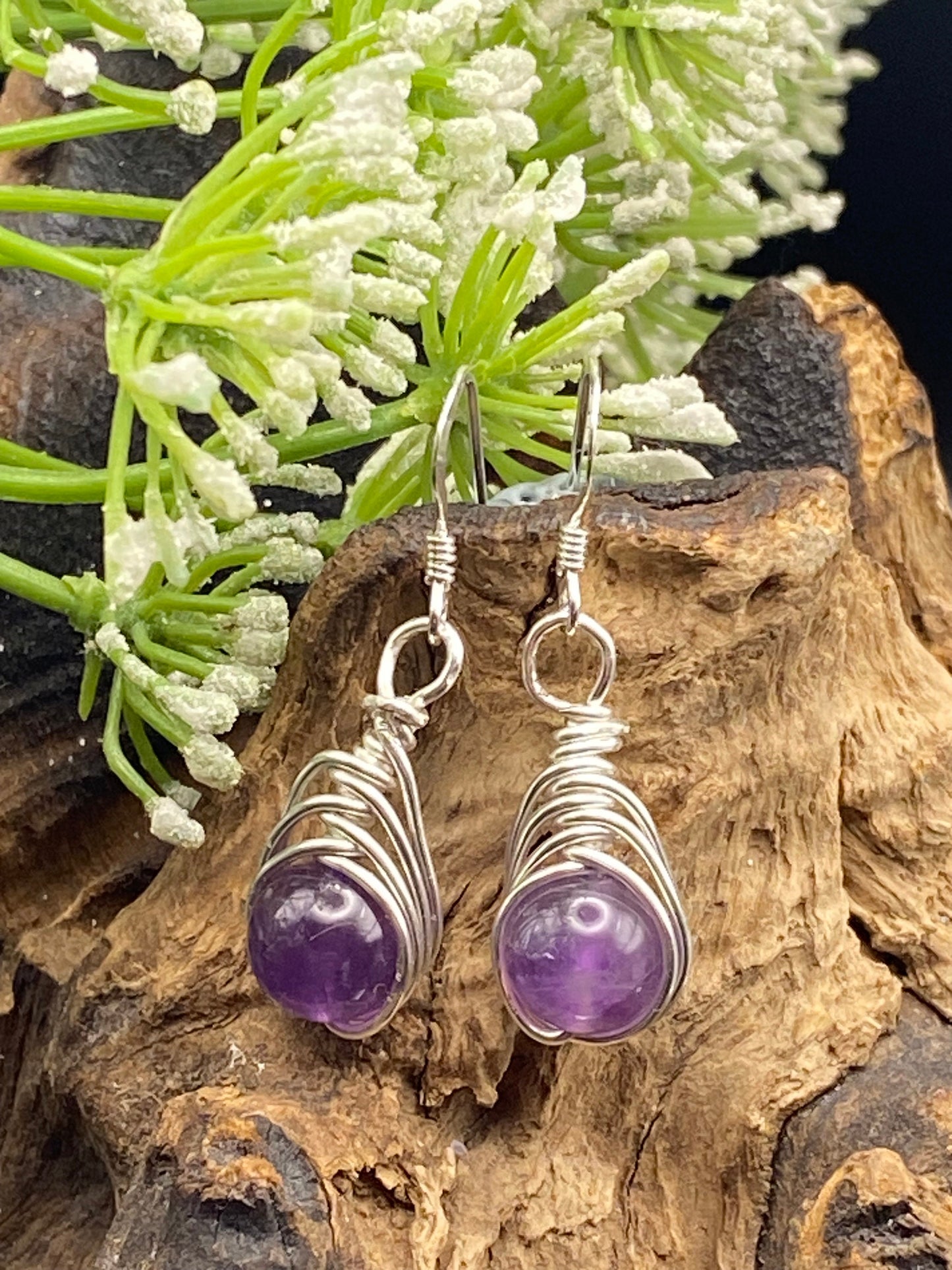Amethyst Earrings: Silver Herringbone Wrapped, February Birthstone Jewellery