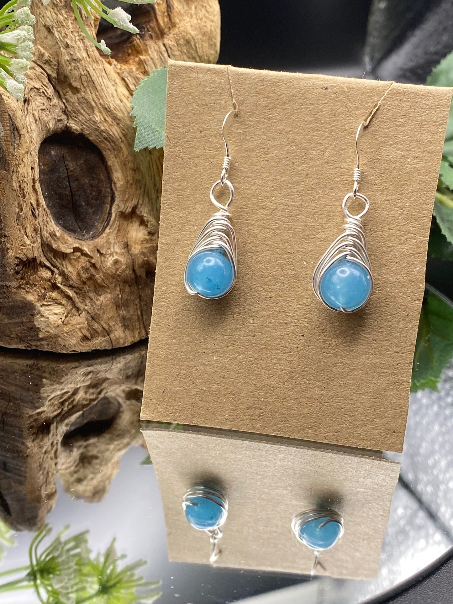 Aquamarine Earrings: Silver Herringbone Wrapped Crystal, March Birthstone Jewellery