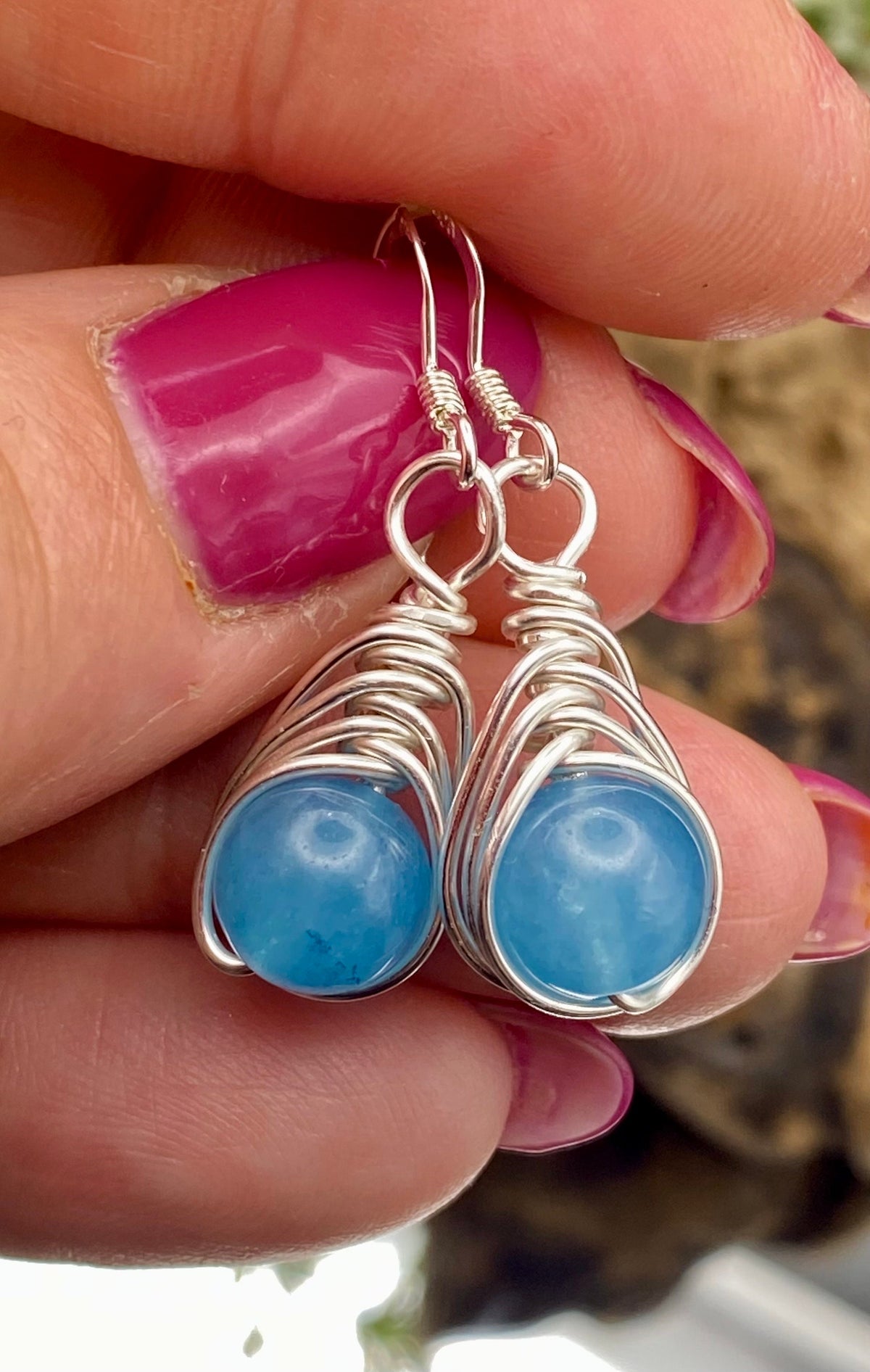 Aquamarine Earrings: Silver Herringbone Wrapped Crystal, March Birthstone Jewellery