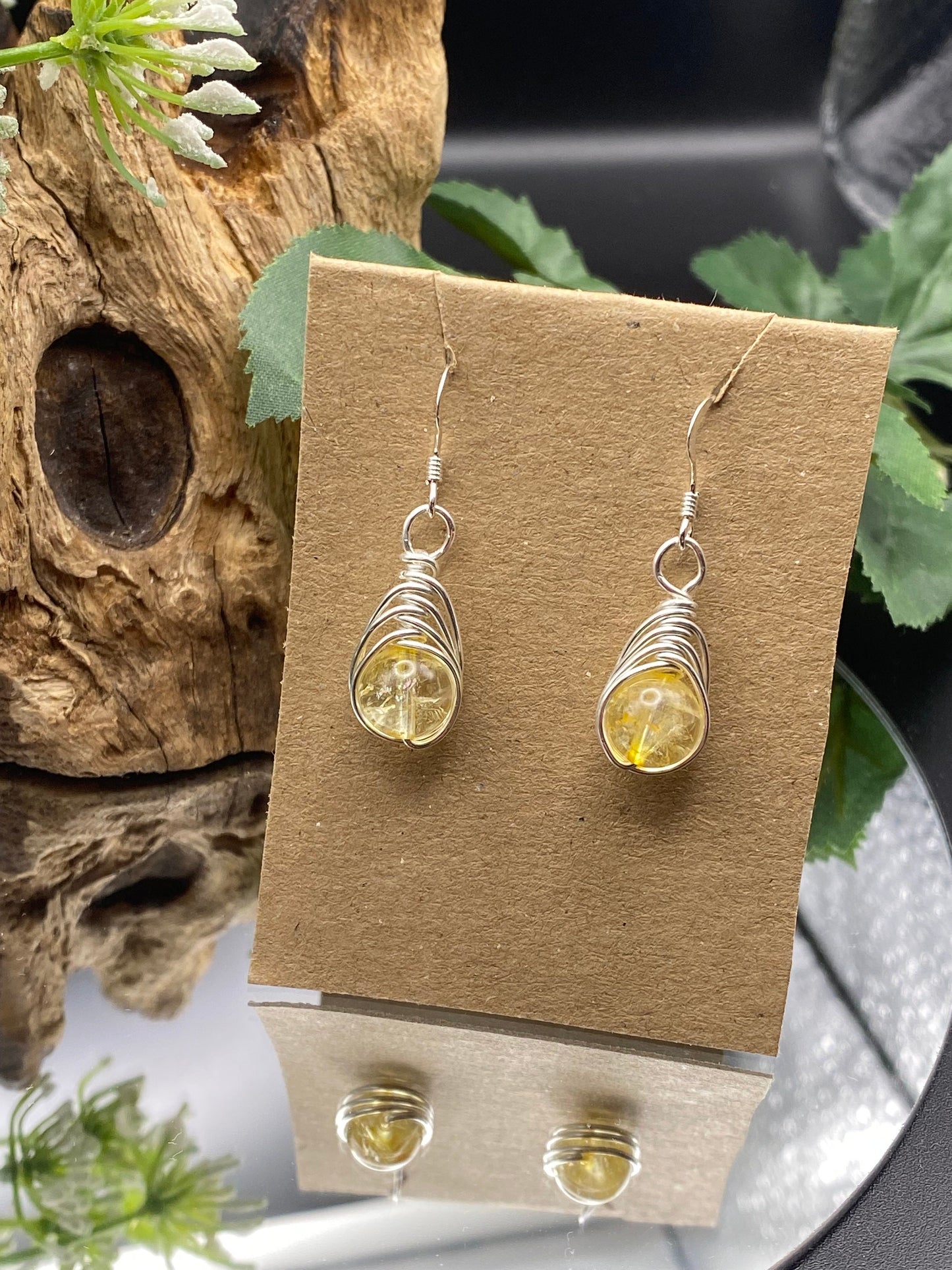Citrine Earrings: Silver Herringbone Wrapped Crystal, November Birthstone Jewellery