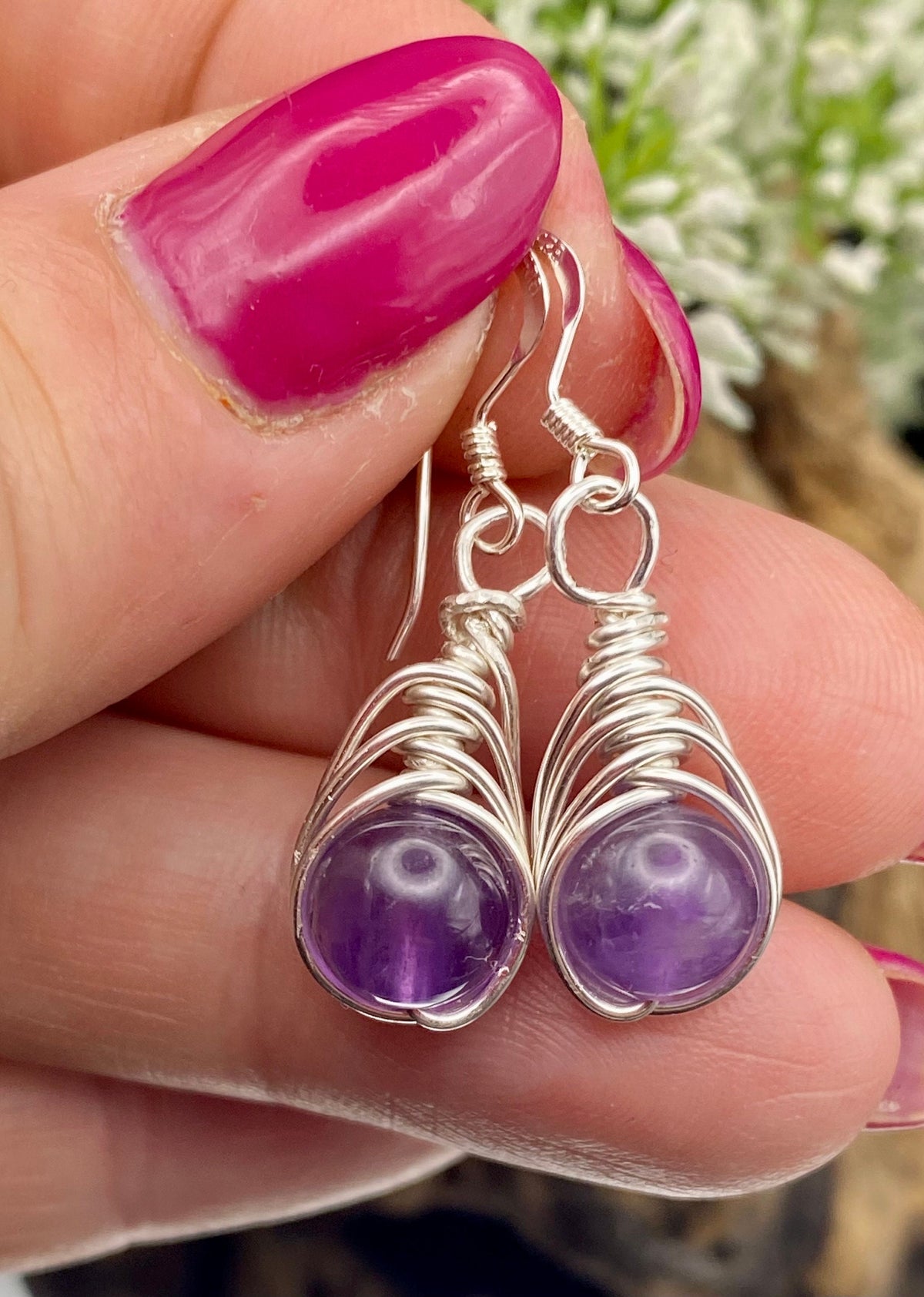 Amethyst Earrings: Silver Herringbone Wrapped, February Birthstone Jewellery