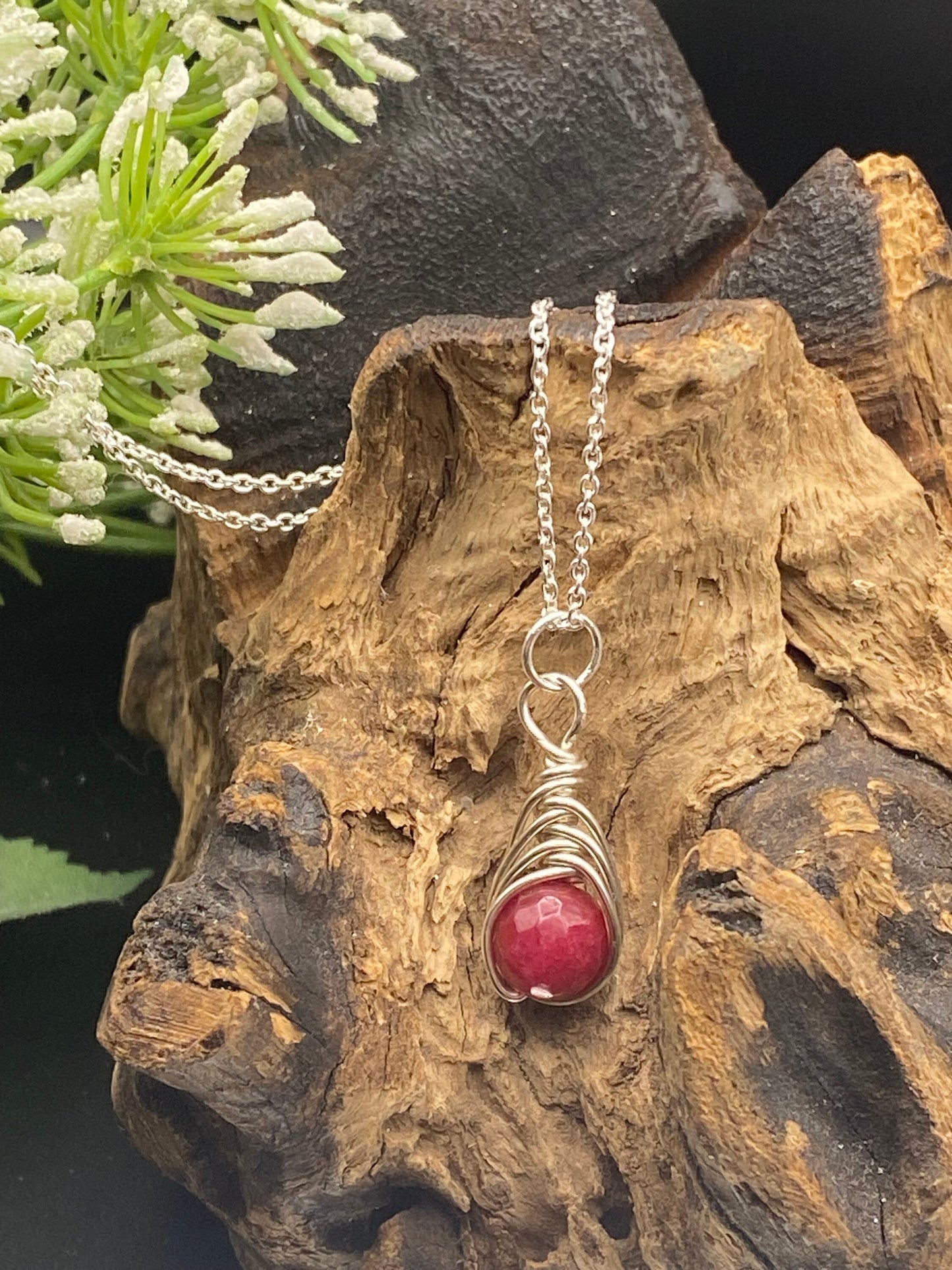 Ruby Birthstone Necklace: Sterling Silver Wrapped Crystal Pendant