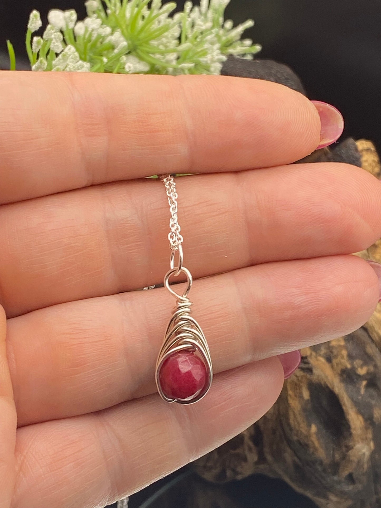 Ruby Birthstone Necklace: Sterling Silver Wrapped Crystal Pendant