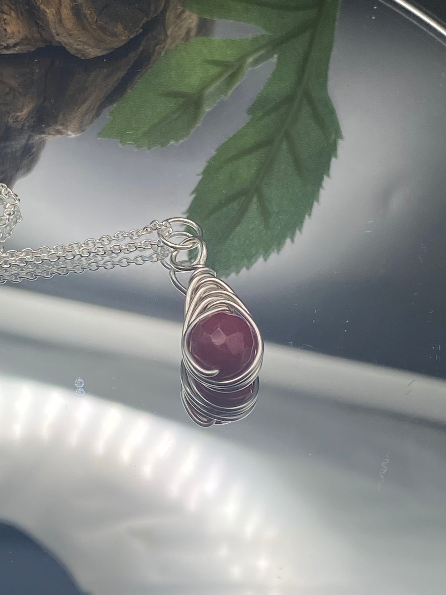 Ruby Birthstone Necklace: Sterling Silver Wrapped Crystal Pendant