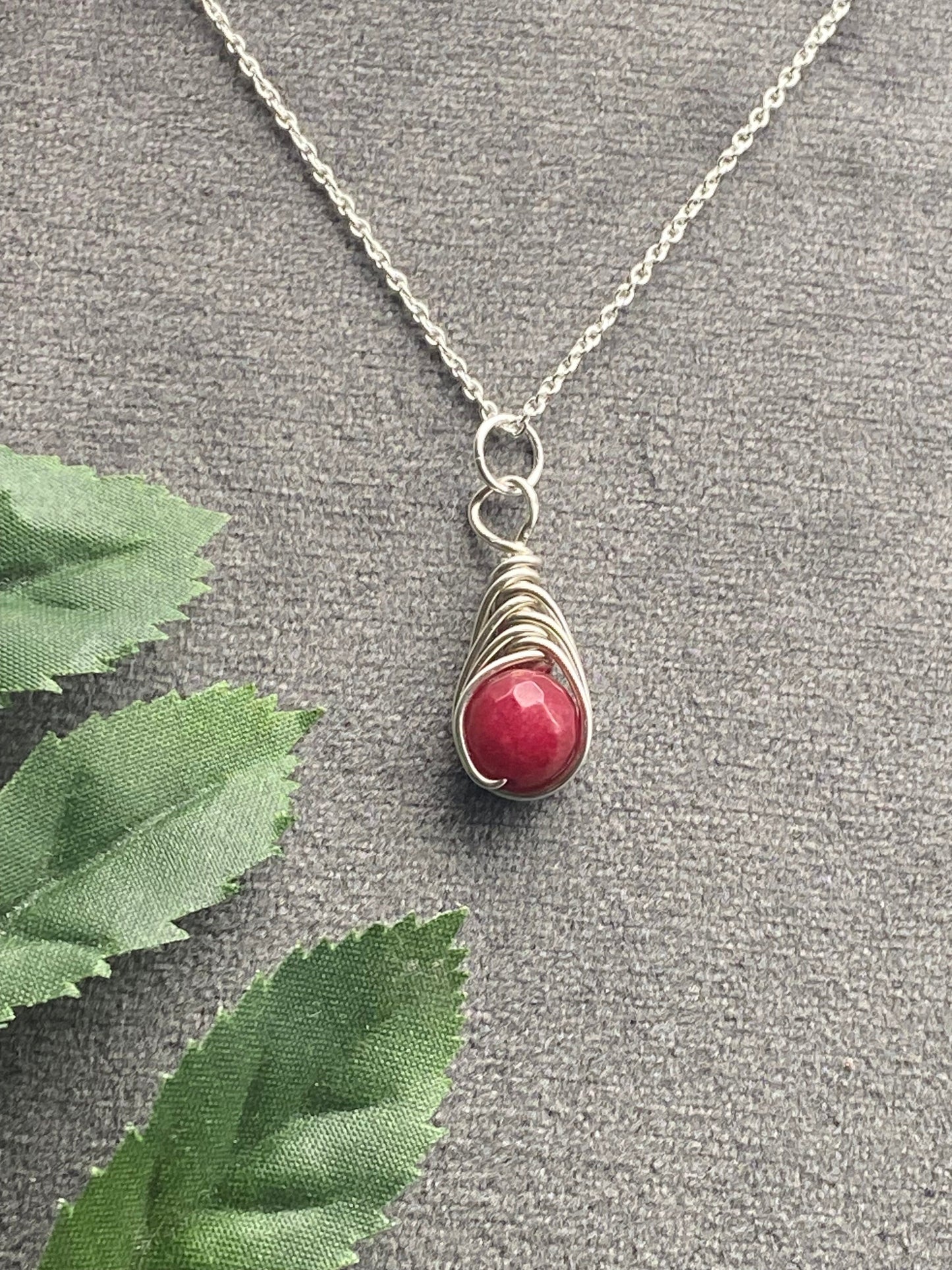 Ruby Birthstone Necklace: Sterling Silver Wrapped Crystal Pendant