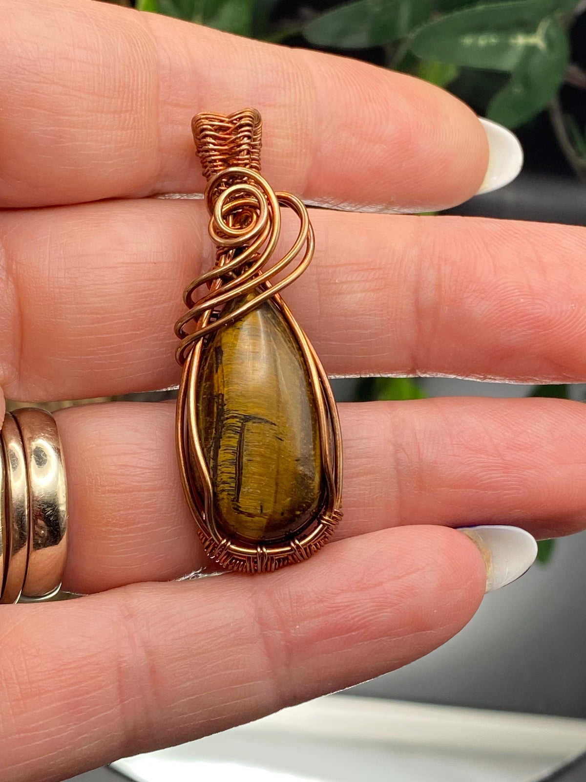 Handmade Copper Wire Wrapped Tigers Eye Pendant Necklace