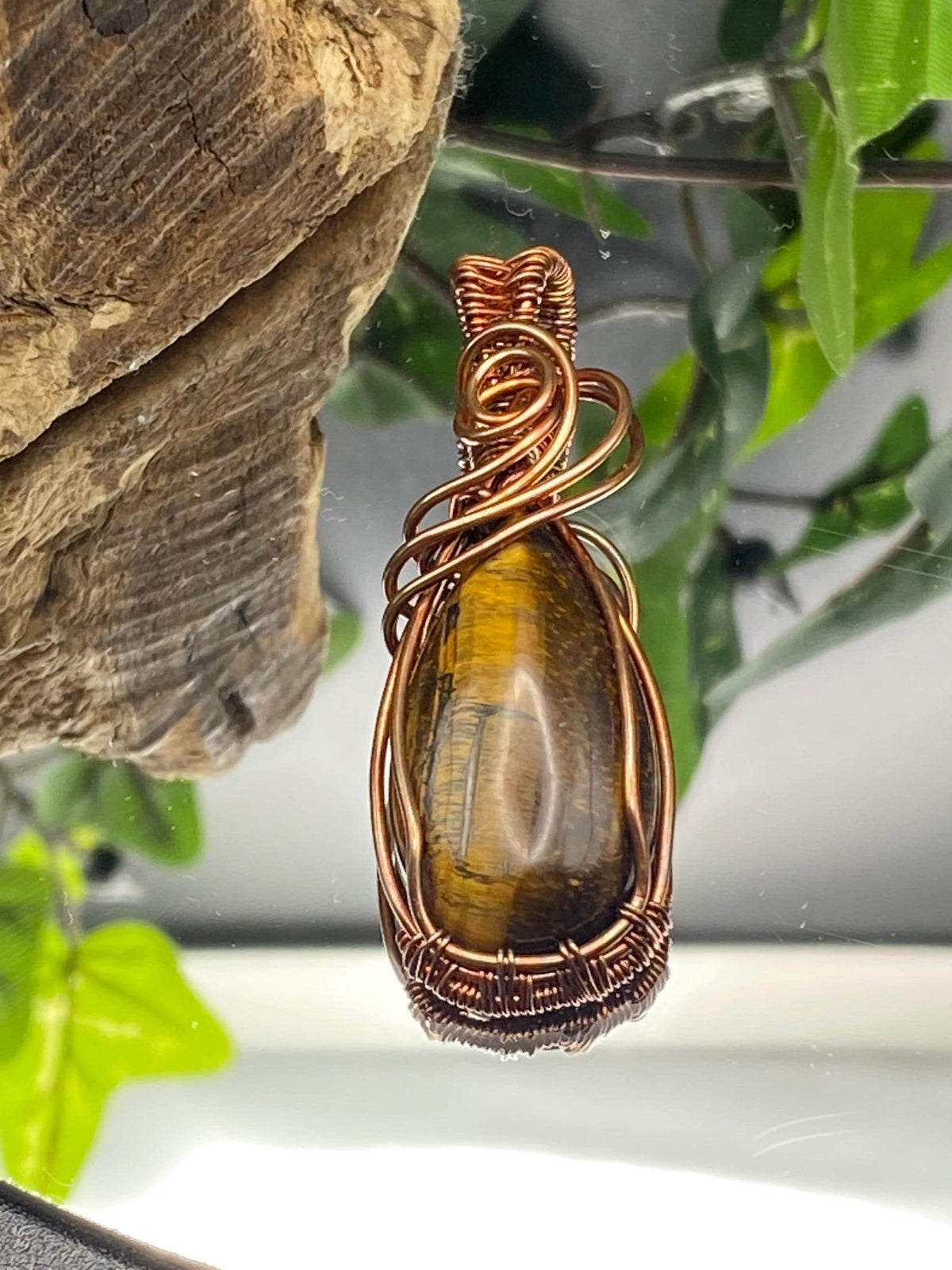 Handmade Copper Wire Wrapped Tigers Eye Pendant Necklace