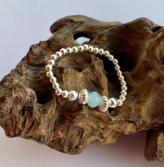 Aquamarine Birthstone Ring: Sterling Silver Stretch Ring, March Jewellery