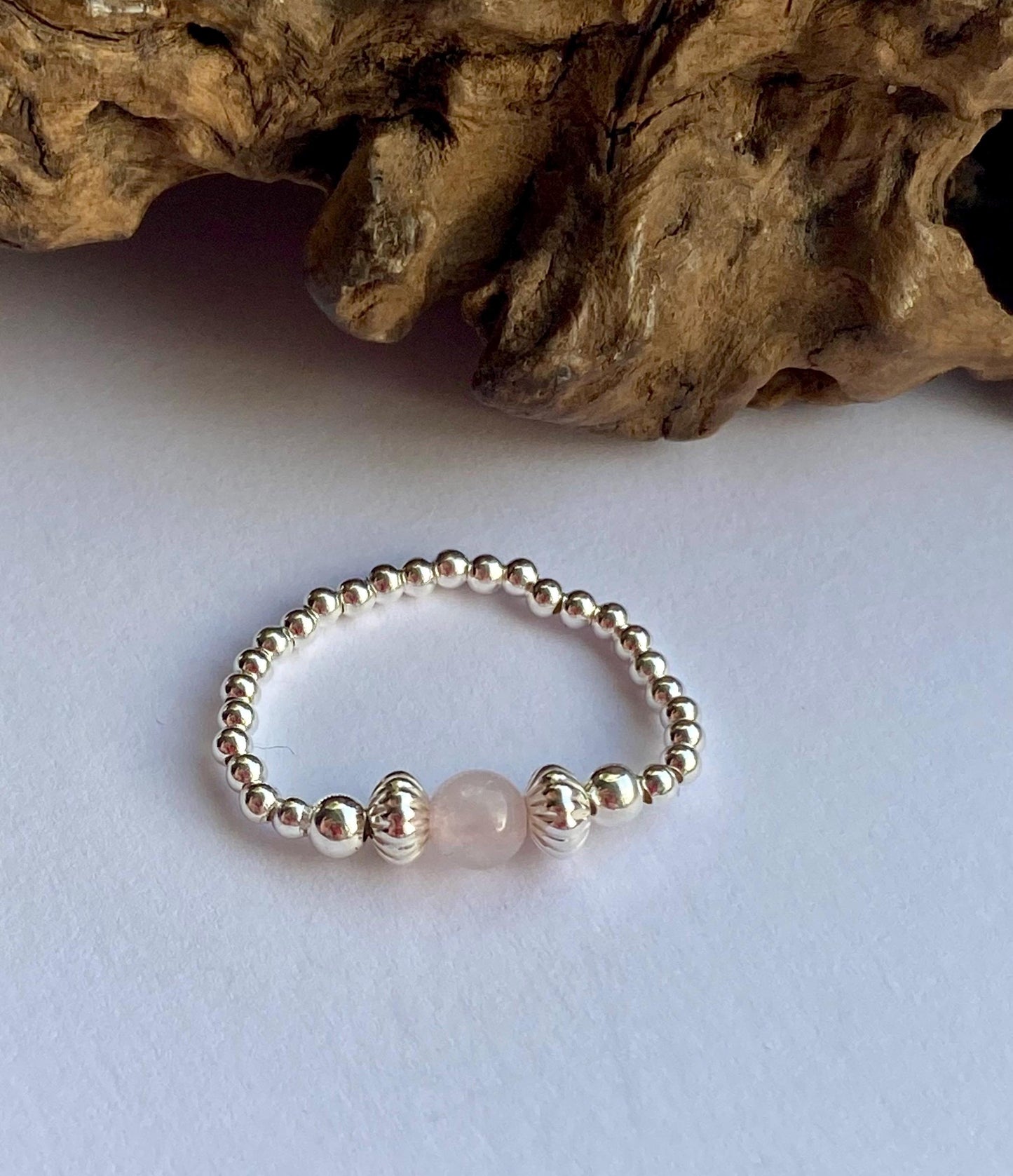 Rose Quartz Sterling Silver Stretch Ring: October Birthstone Jewellery