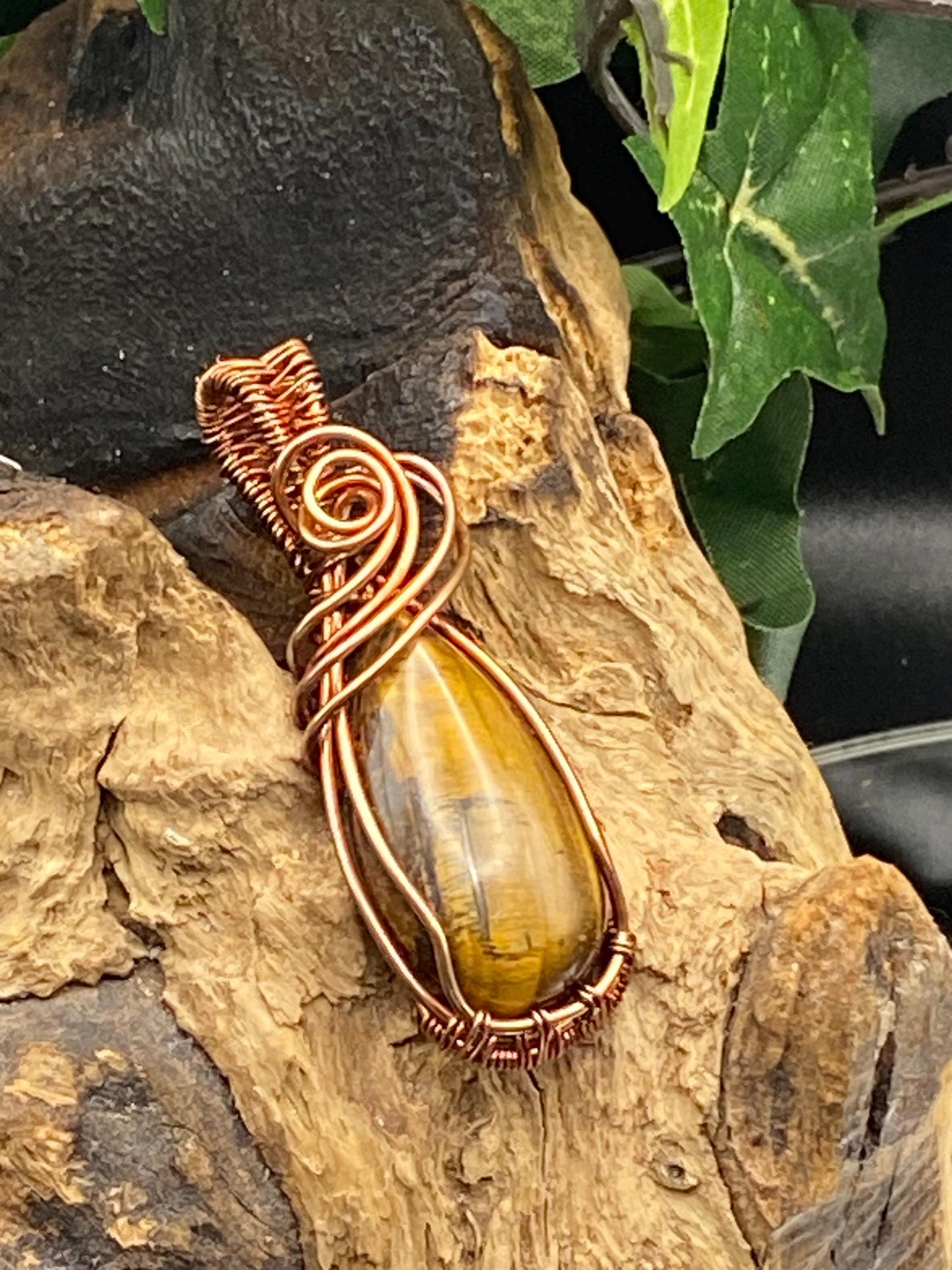 Handmade Copper Wire Wrapped Tigers Eye Pendant Necklace