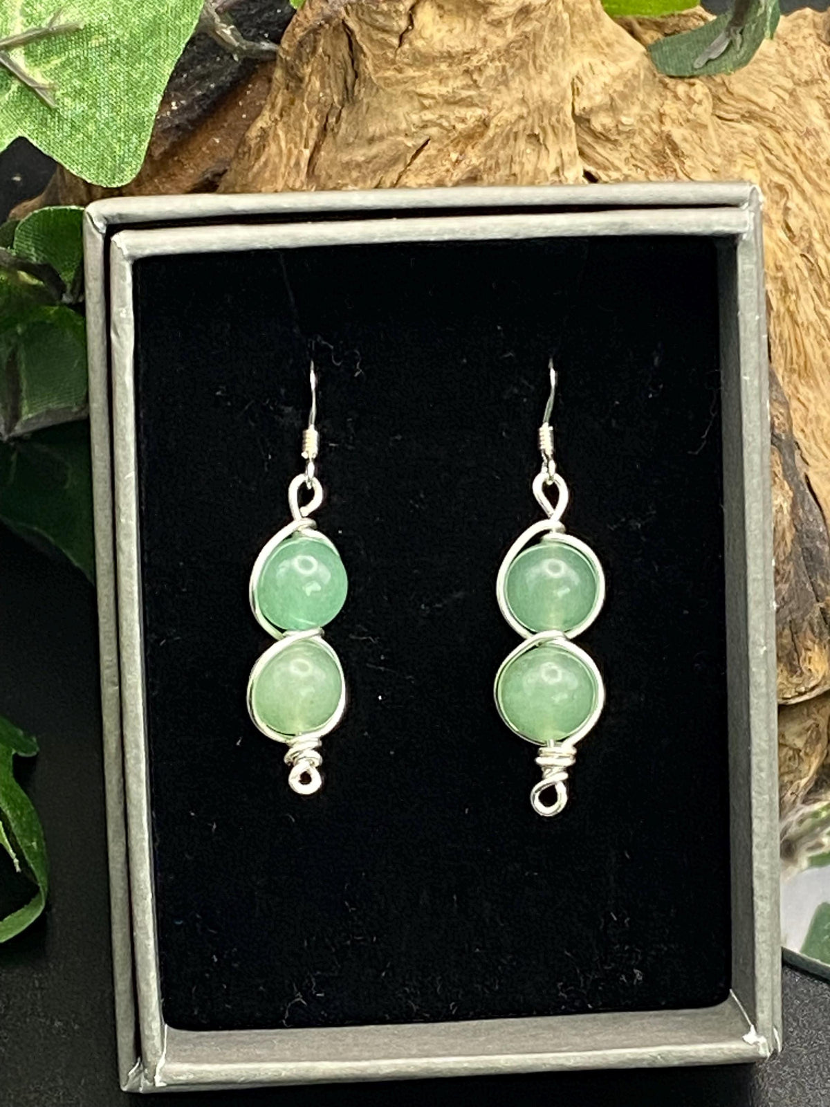 Aventurine and Silver Earrings: Green Crystal Wire Wrapped