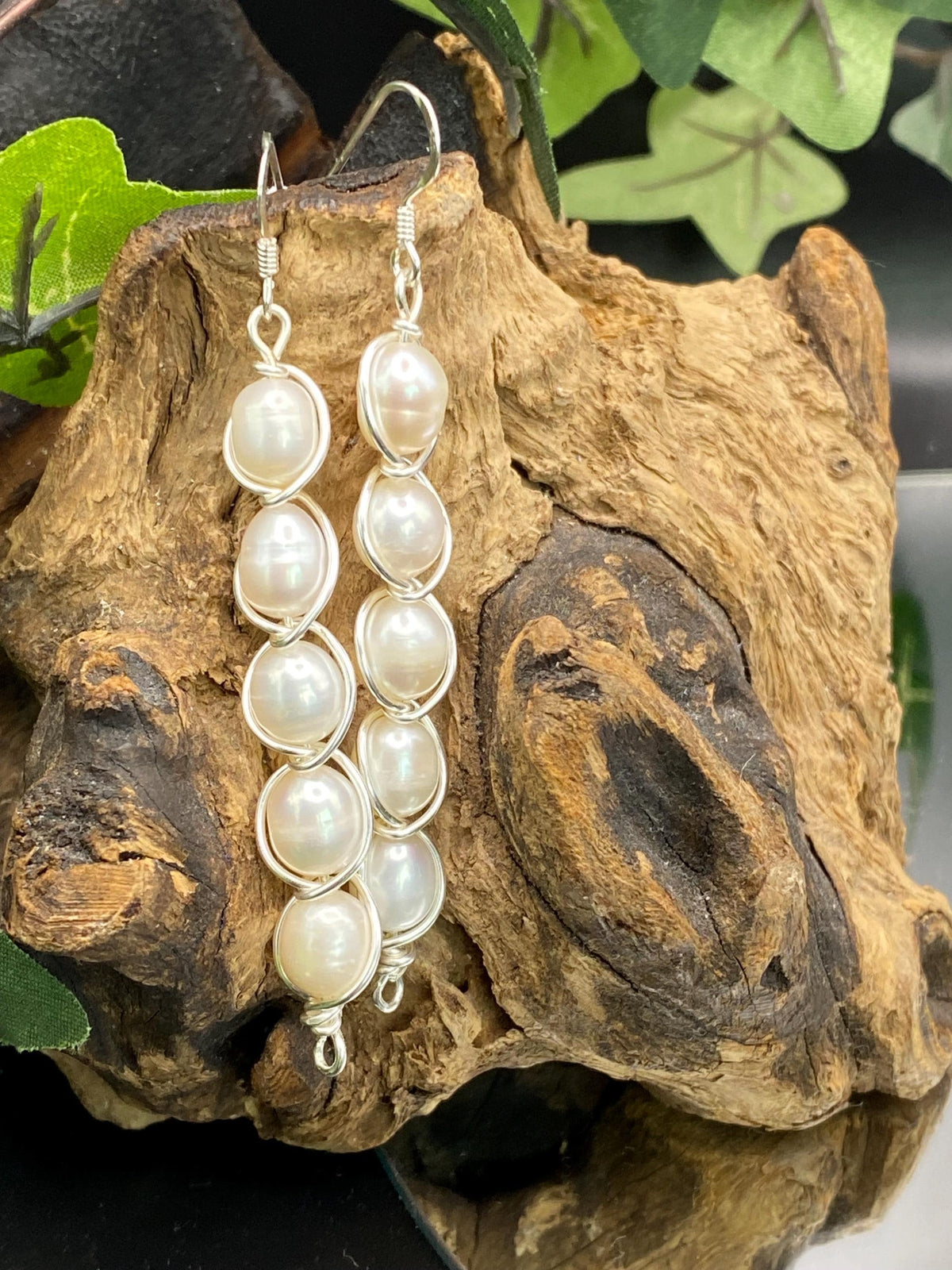 Sterling Silver Freshwater Pearl Earrings, Wire Wrapped Dangle Earrings