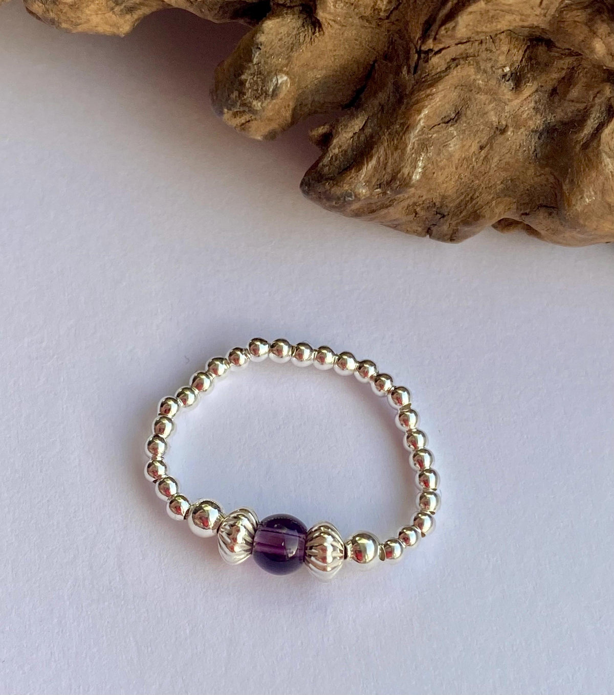 Amethyst Birthstone Stretch Ring: Sterling Silver February Jewellery