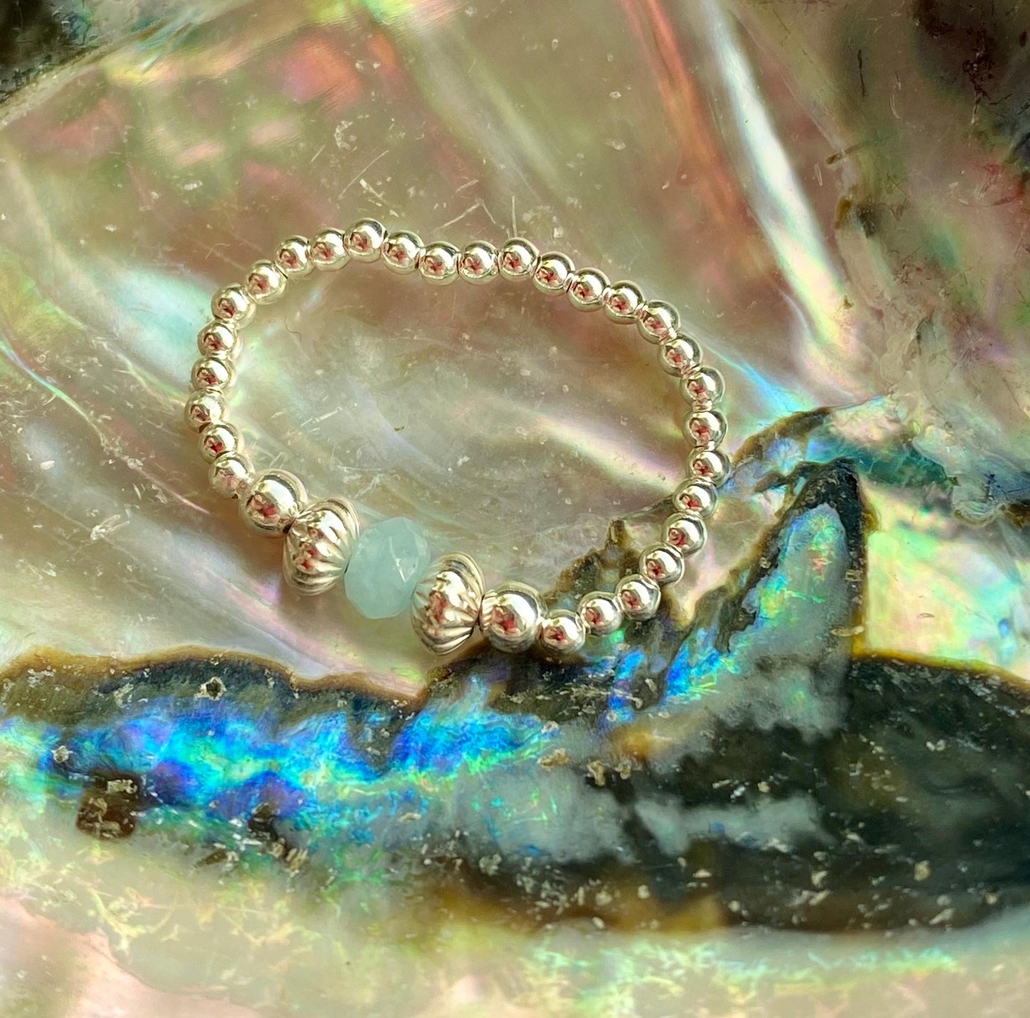 Aquamarine Birthstone Ring: Sterling Silver Stretch Ring, March Jewellery