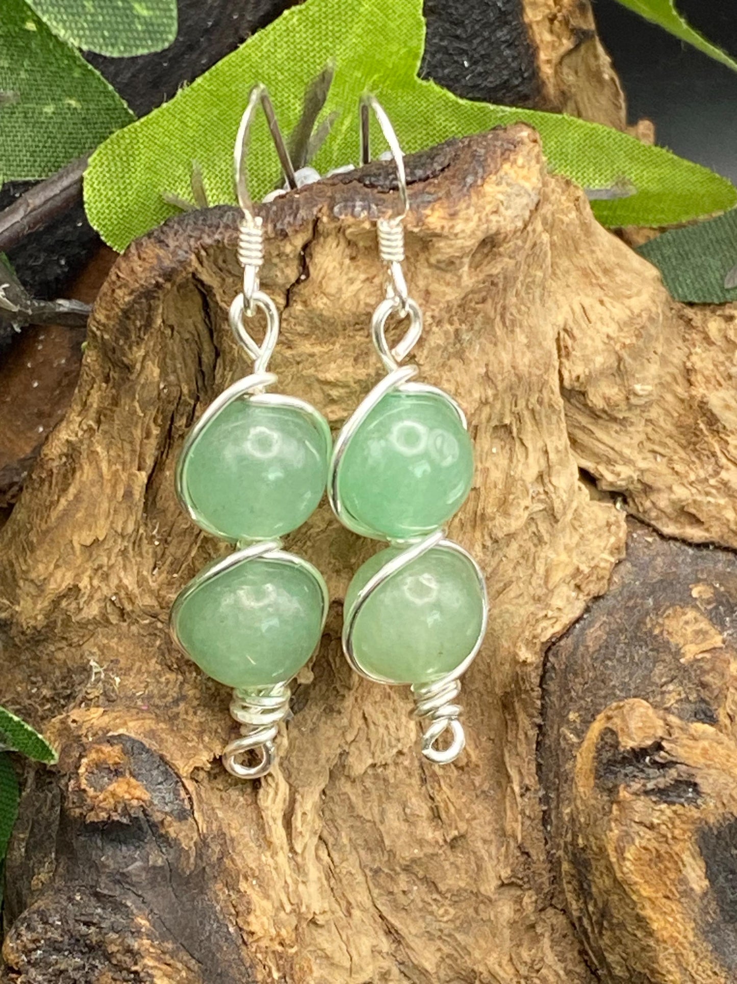 Aventurine and Silver Earrings: Green Crystal Wire Wrapped