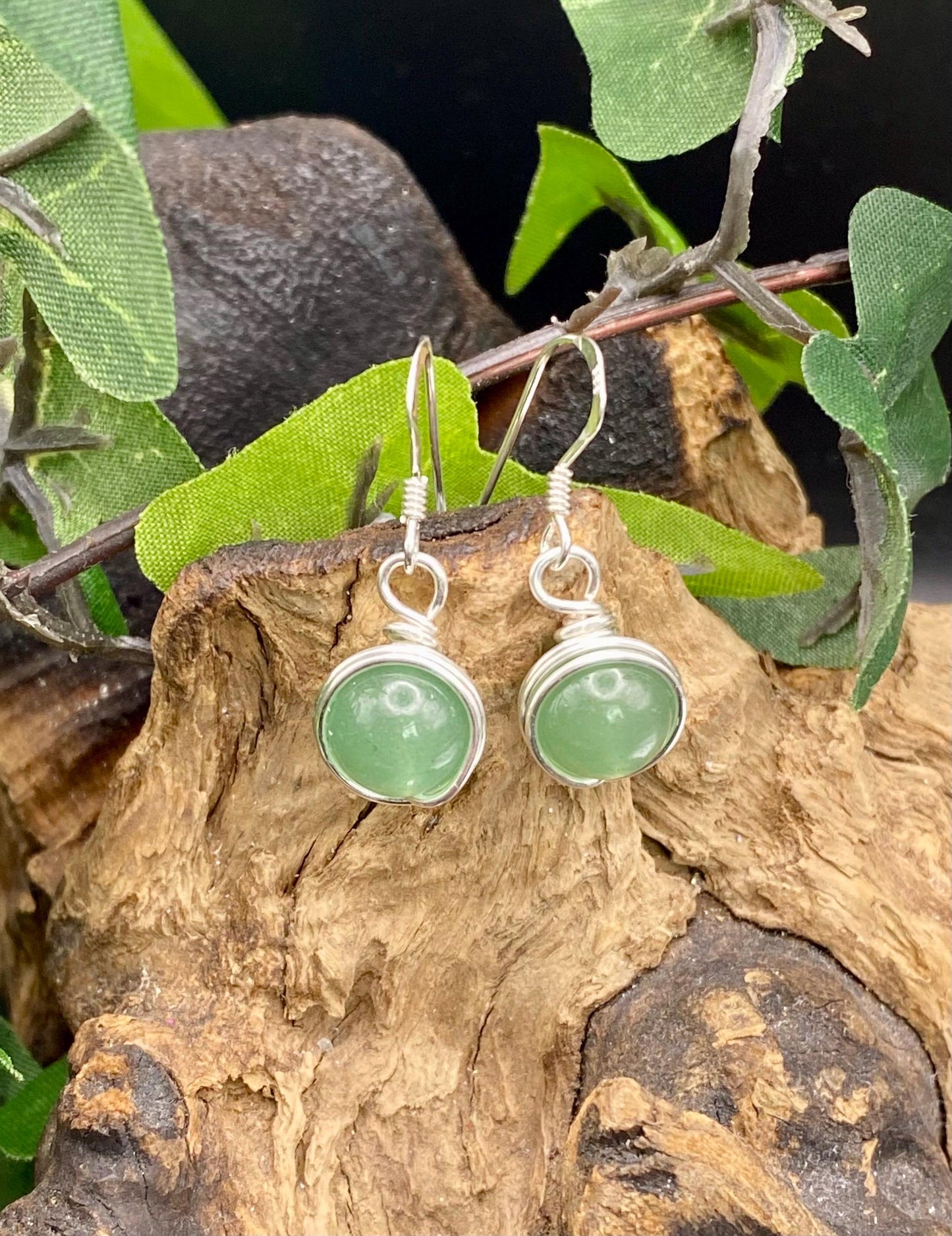 Aventurine and Silver Earrings: Green Crystal Wire Wrapped Jewellery