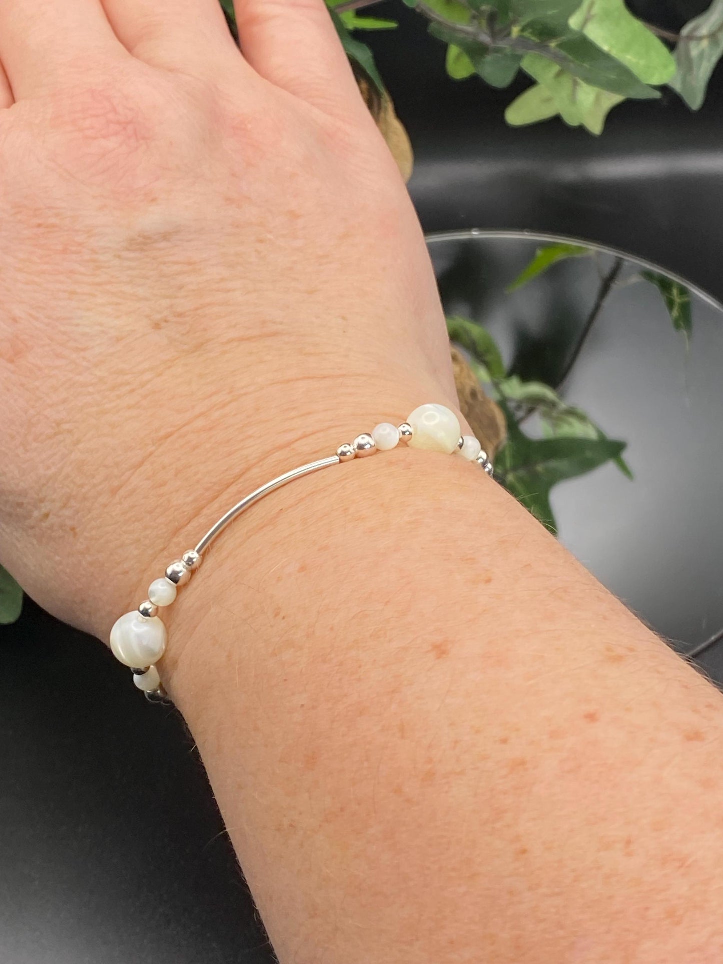 Mother of Pearl Sterling Silver Bracelet, Gemstone Healing Jewellery