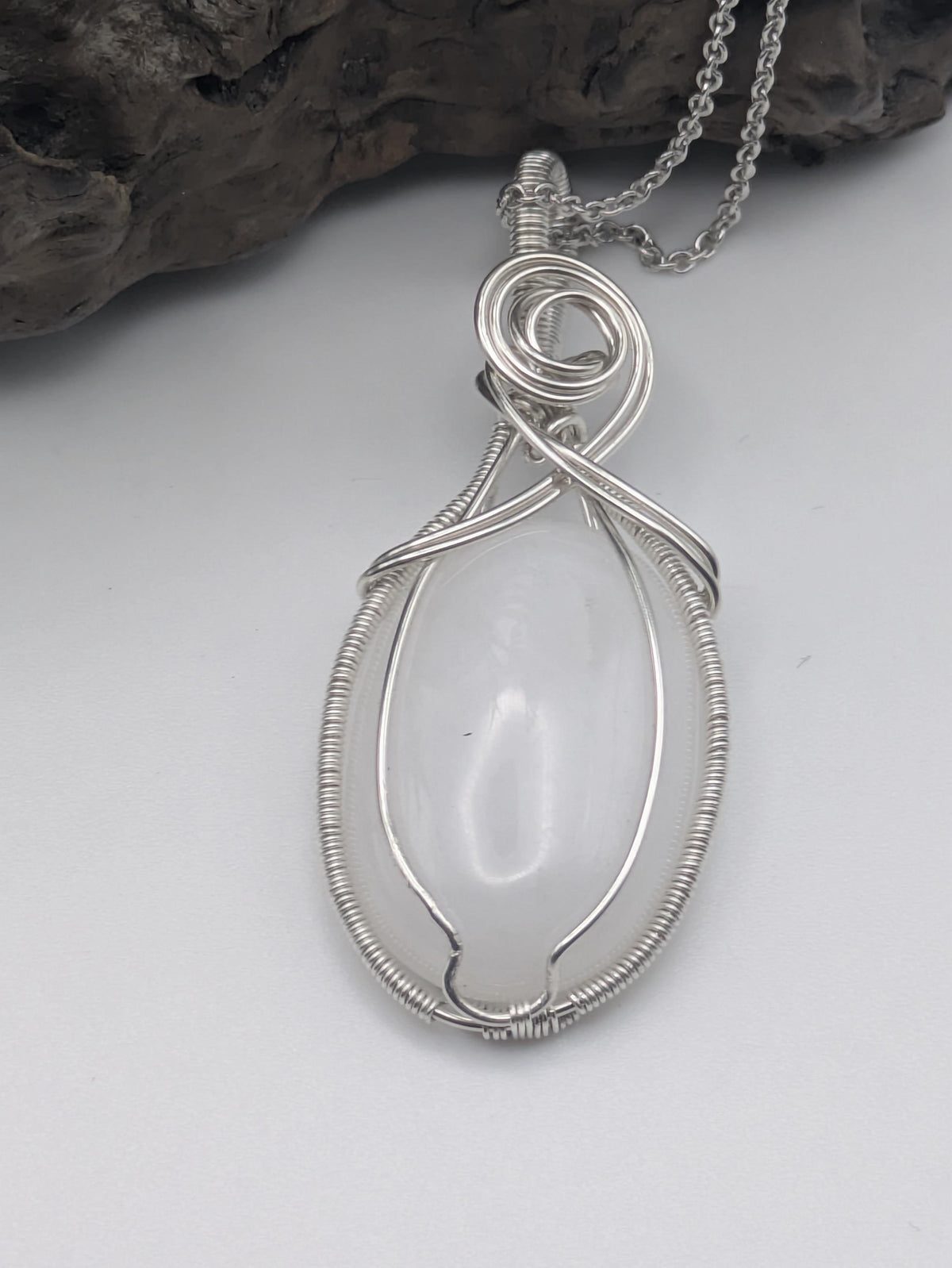 Snow Quartz Pendant: Sterling Silver Wire Wrapped Healing Crystal Necklace