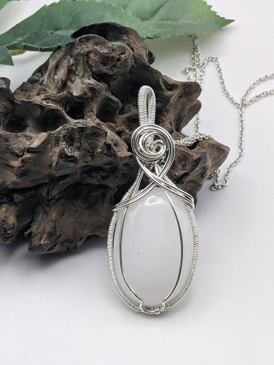 Snow Quartz Pendant: Sterling Silver Wire Wrapped Healing Crystal Necklace