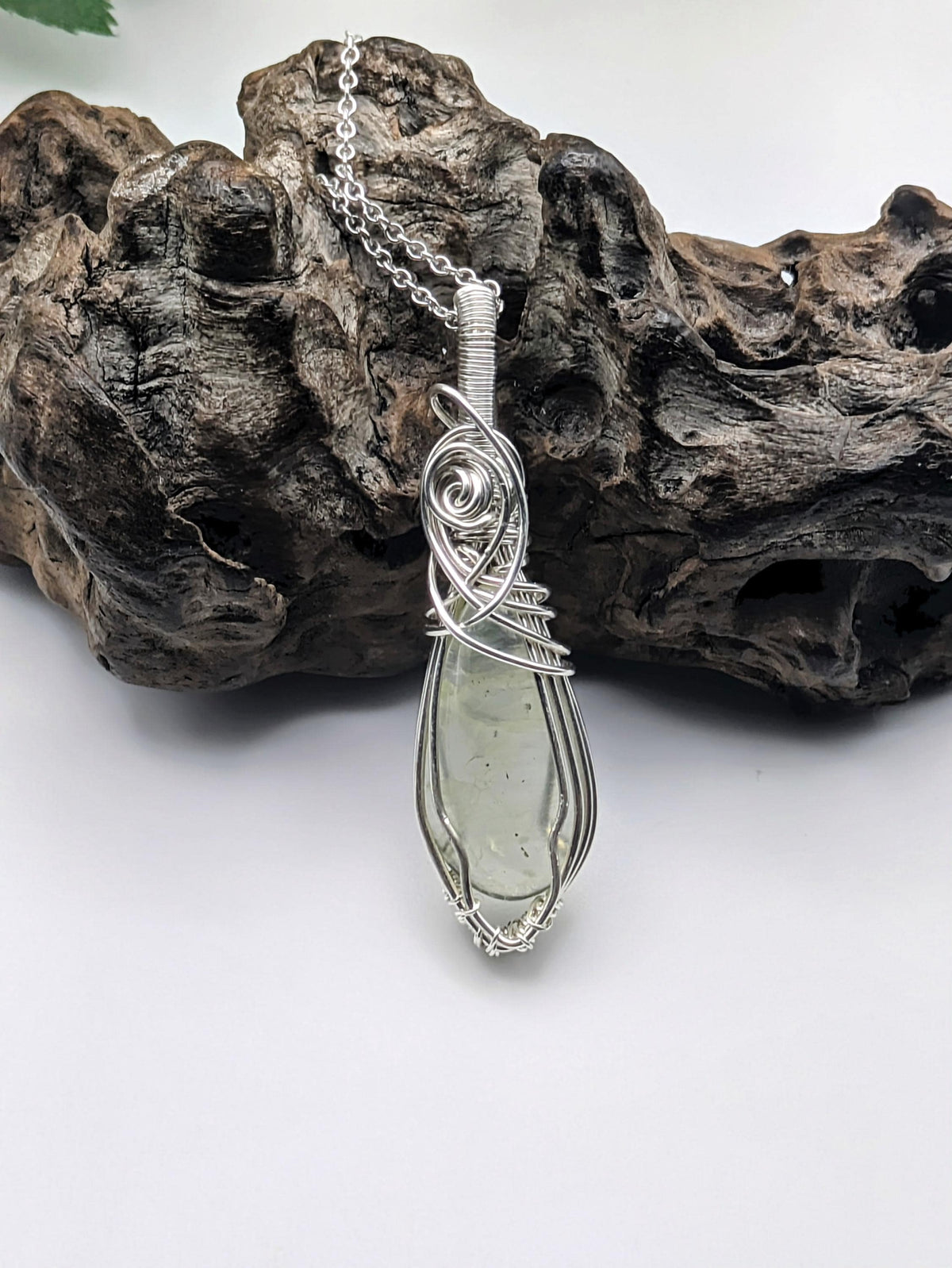 Prehnite Sterling Silver Pendant Necklace: Wire Wrapped Healing Crystal Jewellery