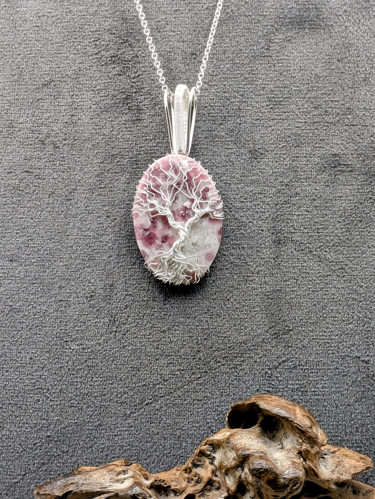 Sterling Silver Tree of Life Pendant: Tourmaline in Quartz Crystal Necklace