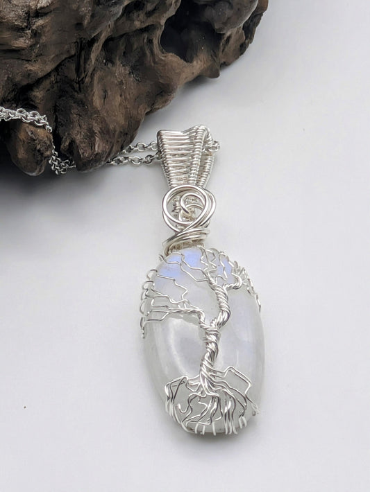 Sterling Silver Tree of Life Moonstone Pendant Necklace, Healing Crystal Jewellery