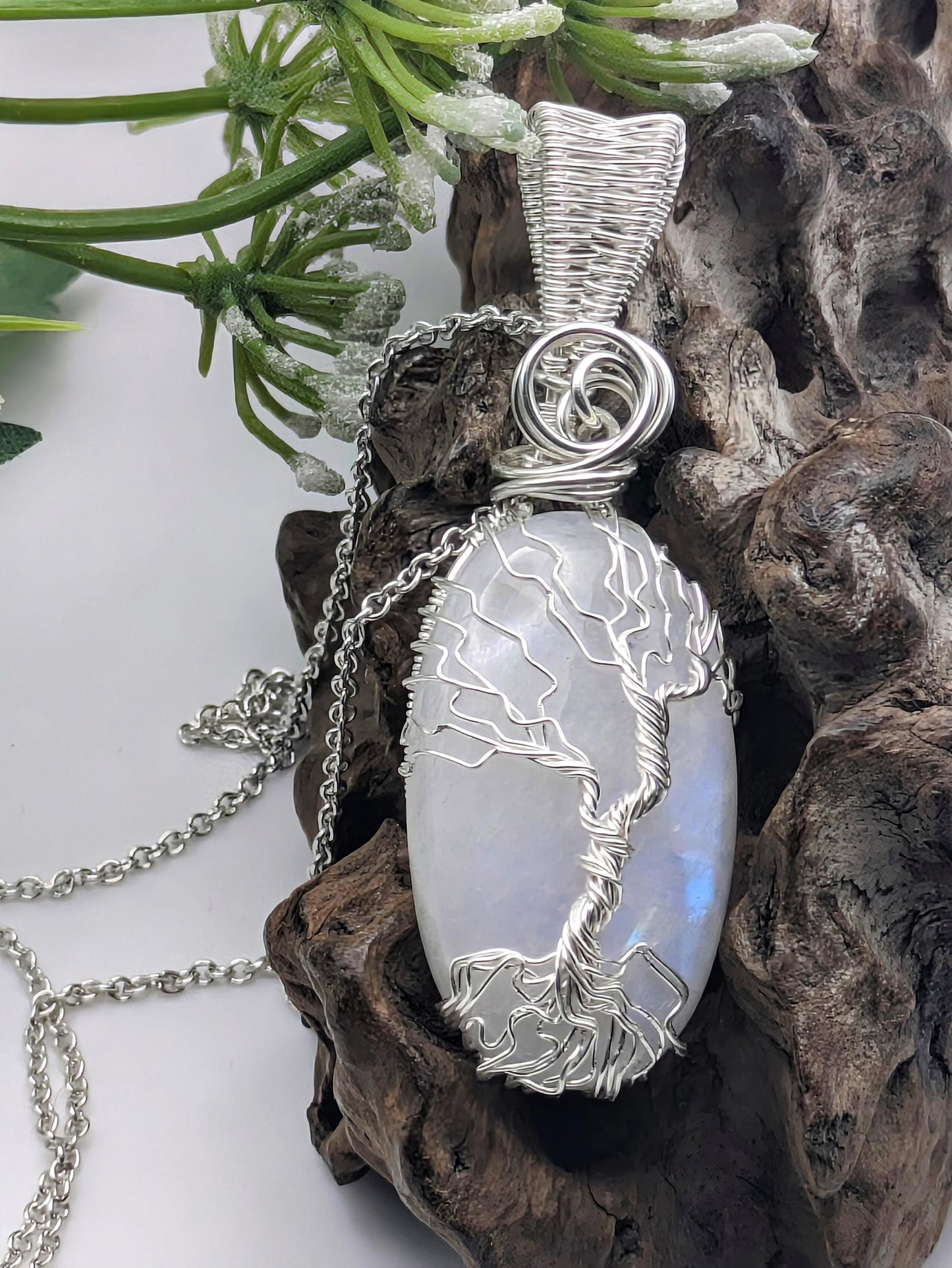 Sterling Silver Tree of Life Moonstone Pendant Necklace, Healing Crystal Jewellery