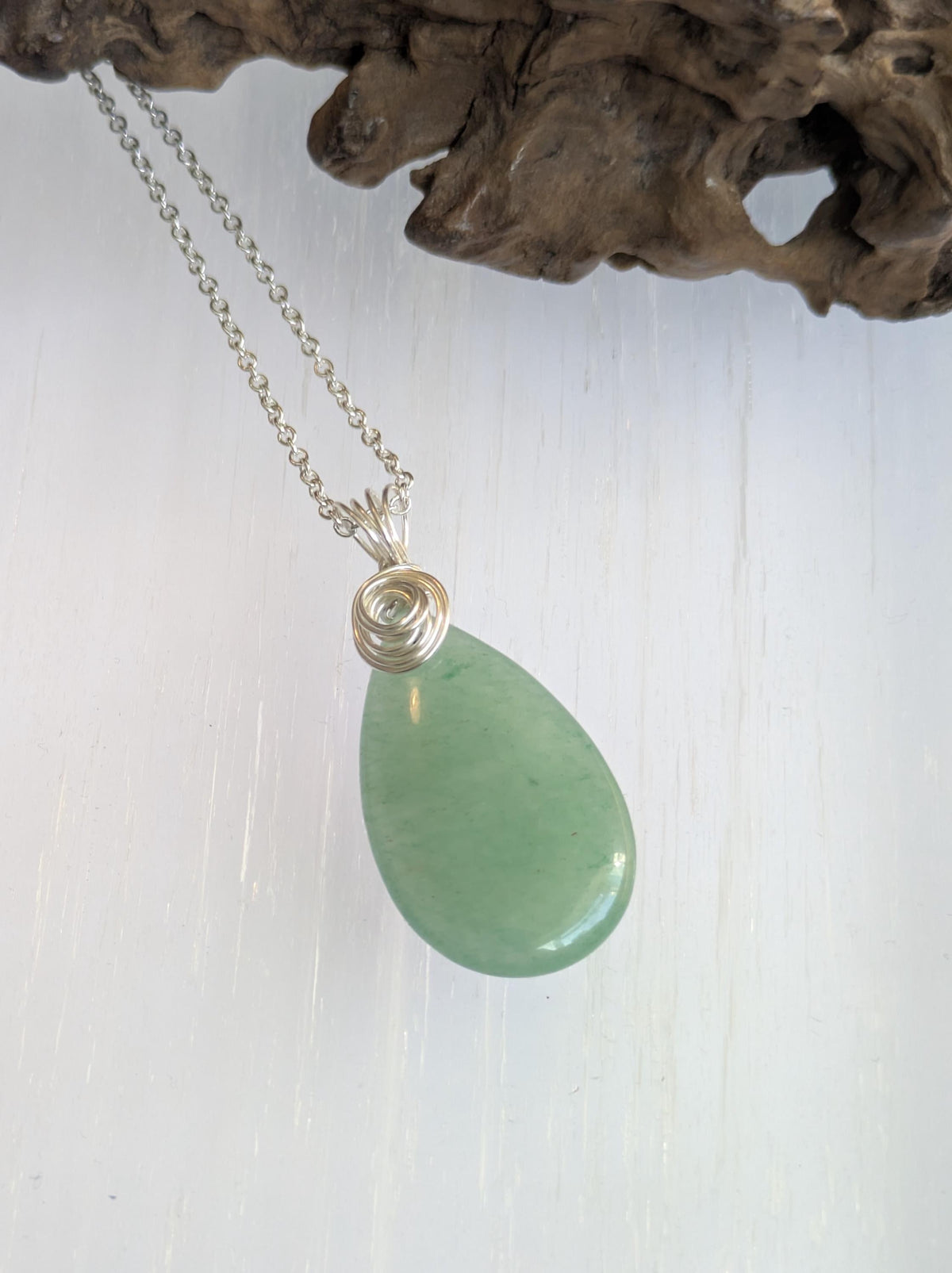Sterling Silver Aventurine Pendant Necklace: Wire Wrapped Green Crystal