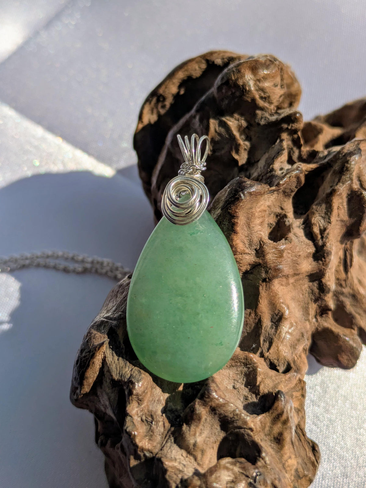 Sterling Silver Aventurine Pendant Necklace: Wire Wrapped Green Crystal
