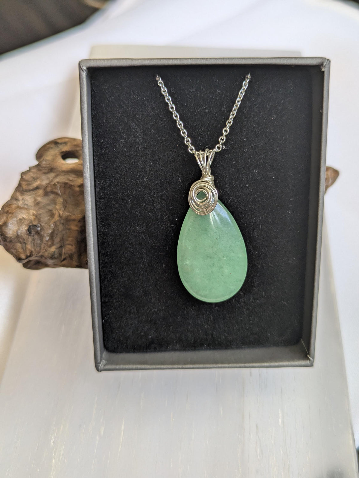 Sterling Silver Aventurine Pendant Necklace: Wire Wrapped Green Crystal