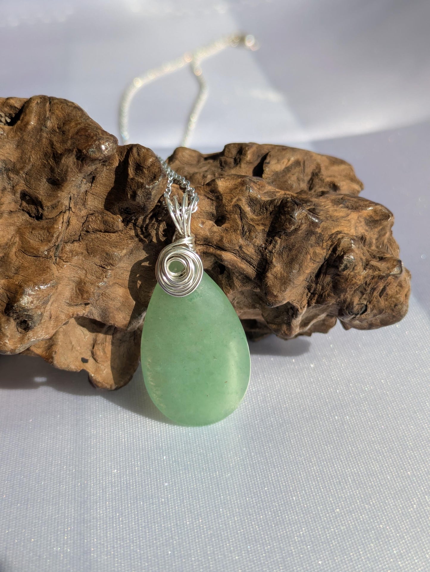 Sterling Silver Aventurine Pendant Necklace: Wire Wrapped Green Crystal