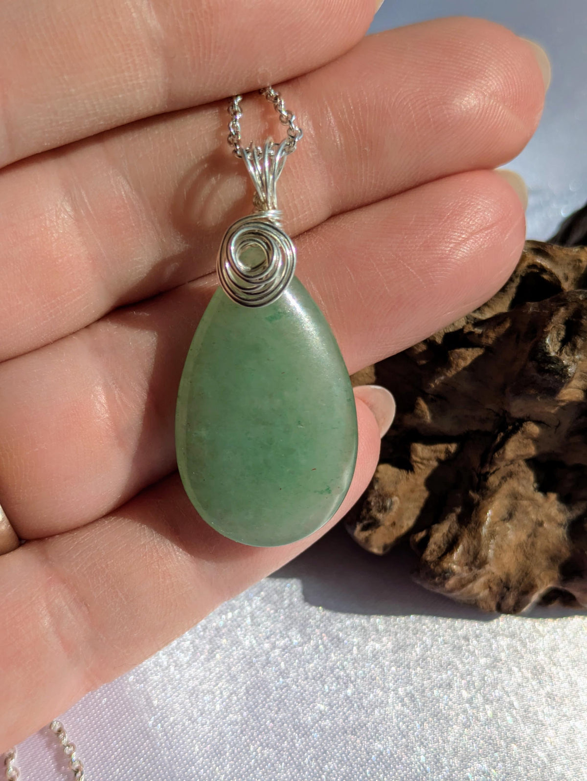 Sterling Silver Aventurine Pendant Necklace: Wire Wrapped Green Crystal