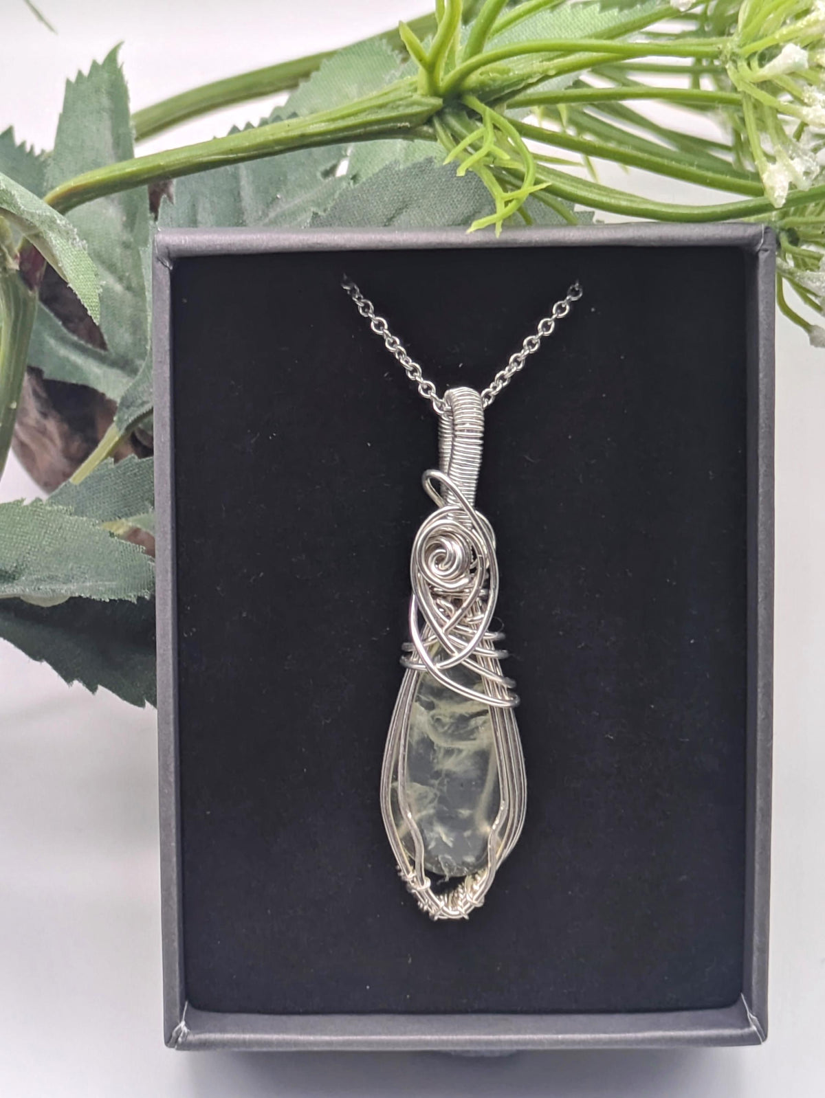 Prehnite Sterling Silver Pendant Necklace: Wire Wrapped Healing Crystal Jewellery