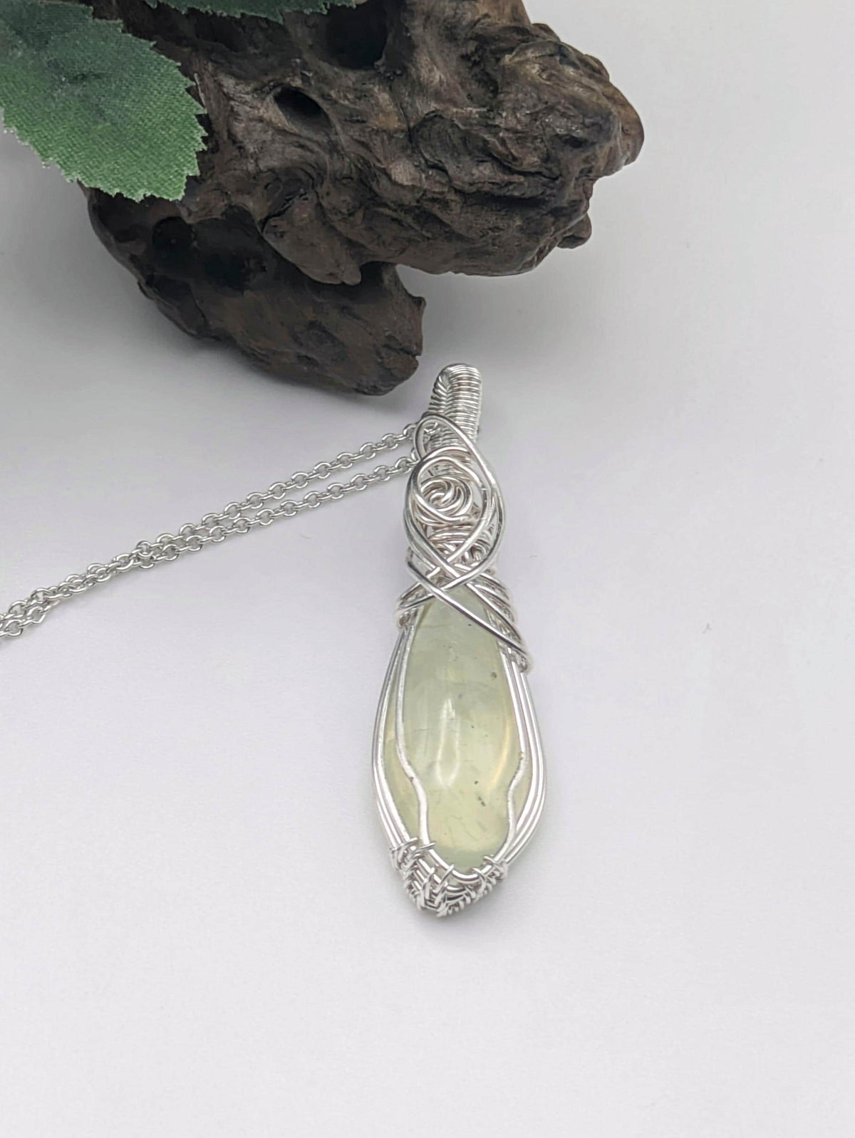 Prehnite Sterling Silver Pendant Necklace: Wire Wrapped Healing Crystal Jewellery