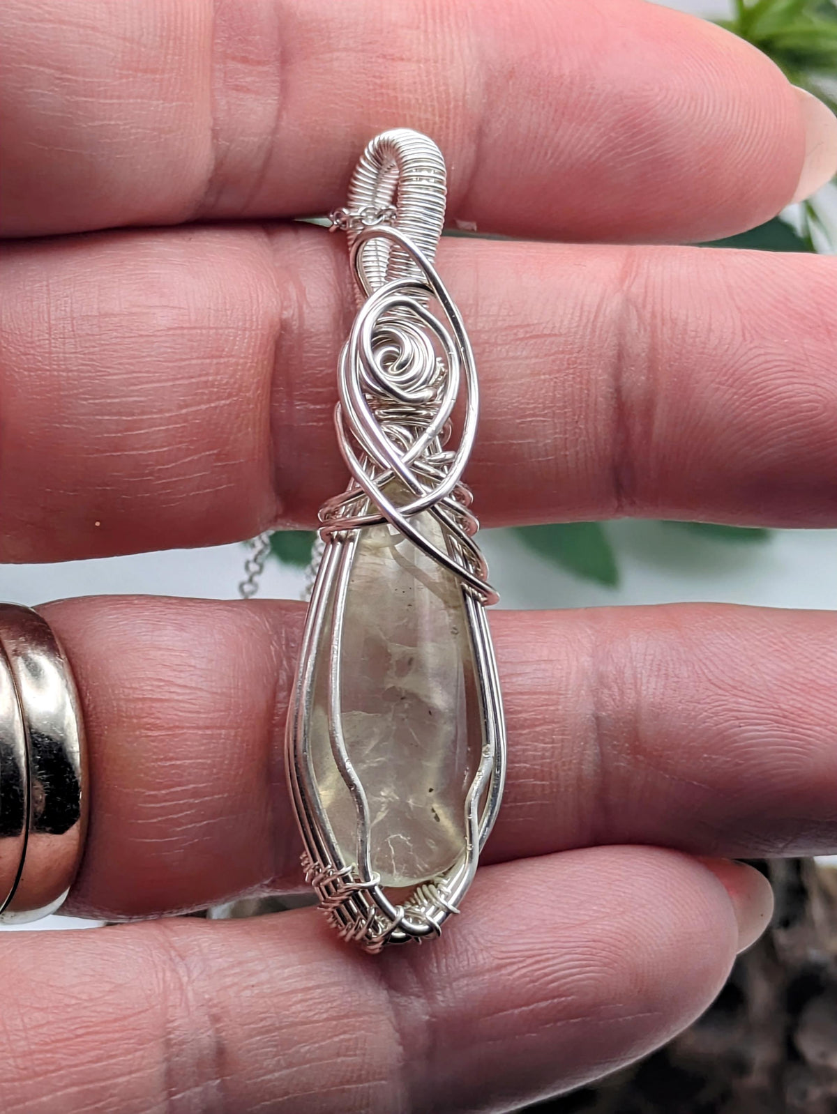 Prehnite Sterling Silver Pendant Necklace: Wire Wrapped Healing Crystal Jewellery
