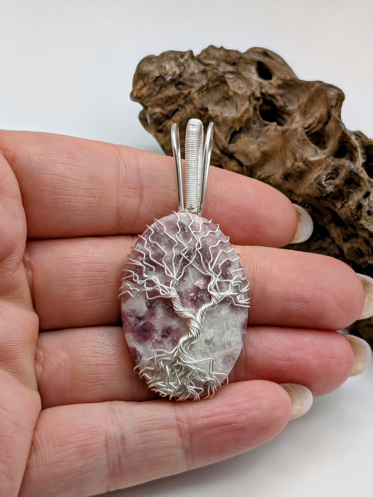 Sterling Silver Tree of Life Pendant: Tourmaline in Quartz Crystal Necklace