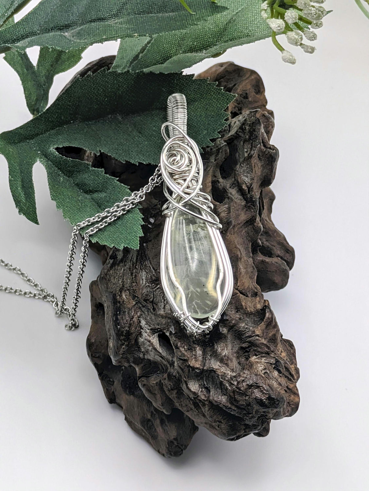Prehnite Sterling Silver Pendant Necklace: Wire Wrapped Healing Crystal Jewellery
