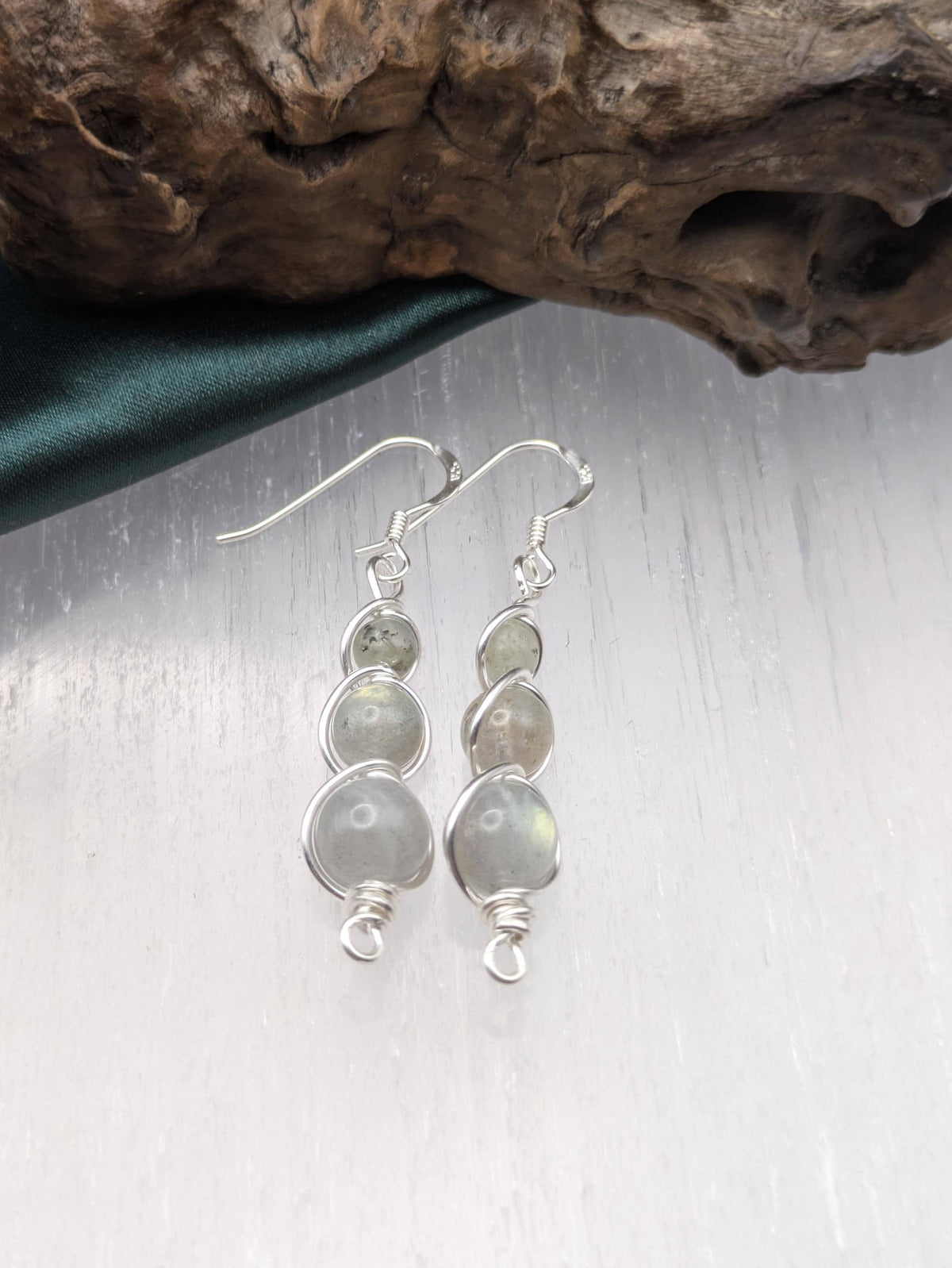 Labradorite Dangle Earrings: Silver Wire Wrapped Healing Crystals